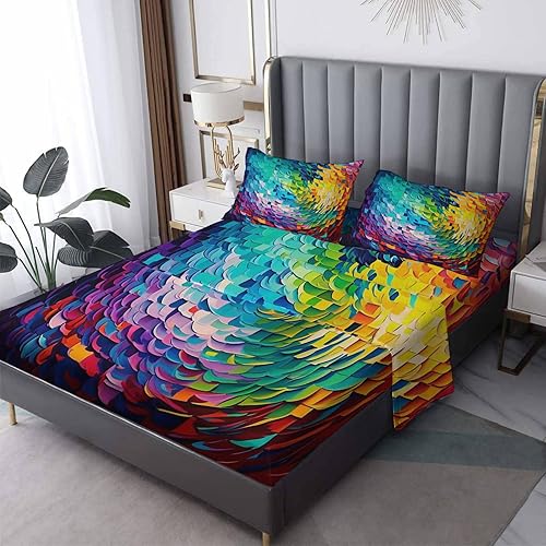 Miniatura 1 de Juego de sábanas coloridas California King, sábanas psicodélicas, sábanas y fundas de almohada estampadas, 4 piezas, sábana bajera ajustable de