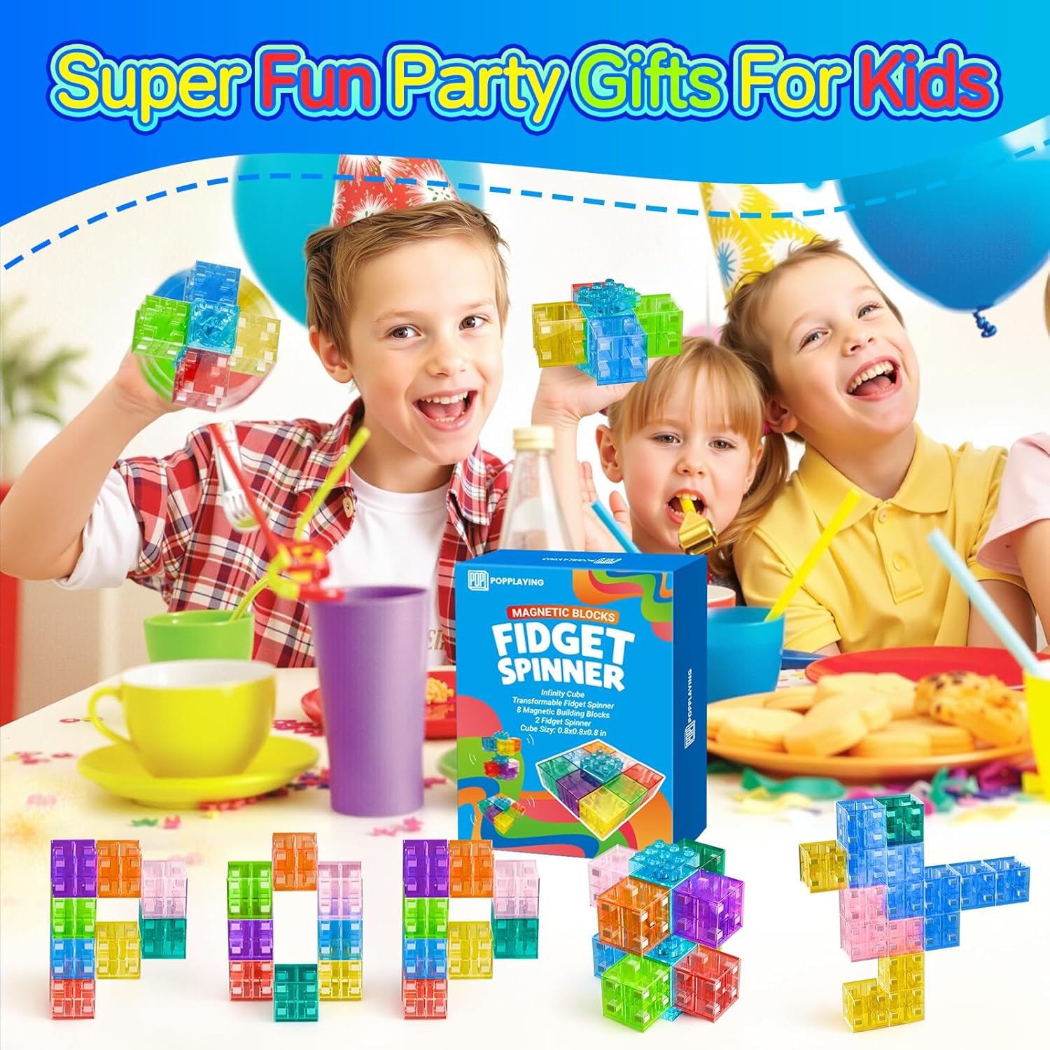 4-in-1 Magnetic Fidget Spinner & Building Blocks Set for Kids & Adults–Colorful Transparent Magnetic Blocks | Stress Relief Sensory Toys for ADHD Autism Focus | STEM Travel Toys & Classroom Rewards