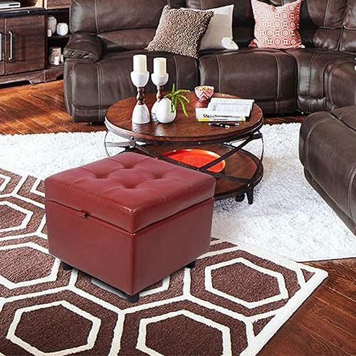 Miniatura 2 de H&B Luxuries Reposapiés cuadrado de cuero capitoné otomano con tapa abatible (rojo con almacenamiento)