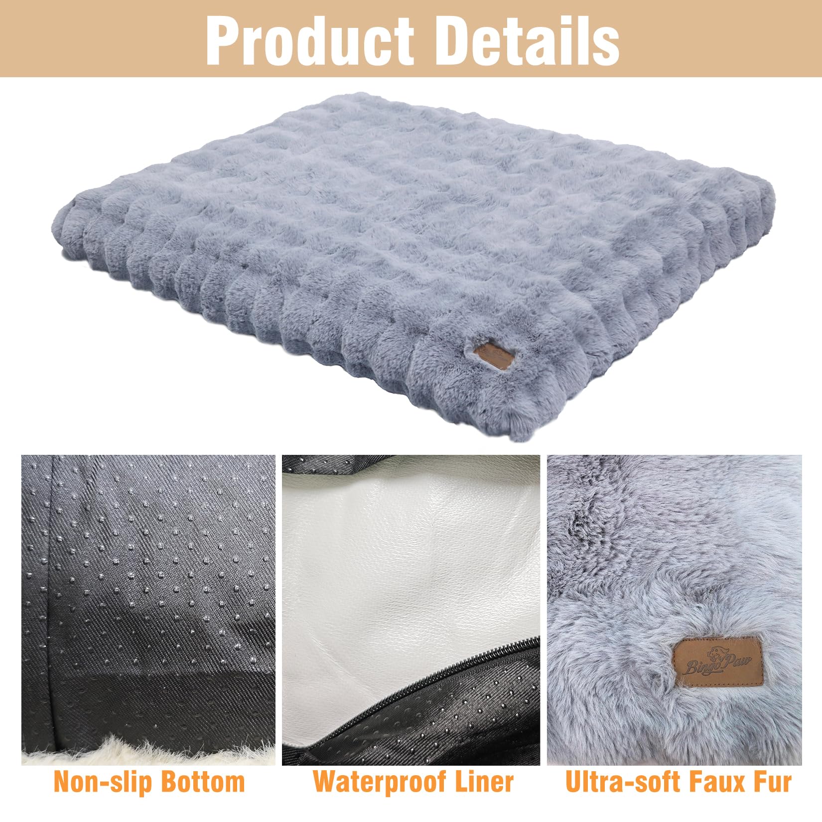 BingoPaw Cuccia per cani Taglia Grande: 130x110x12 cm Lettino cani Sfoderabile Lavabile Materassino cane Impermeabile, Cuscino Soffice Morbido Peloso Antiscivolo per animali domestici, 3XL Grigio