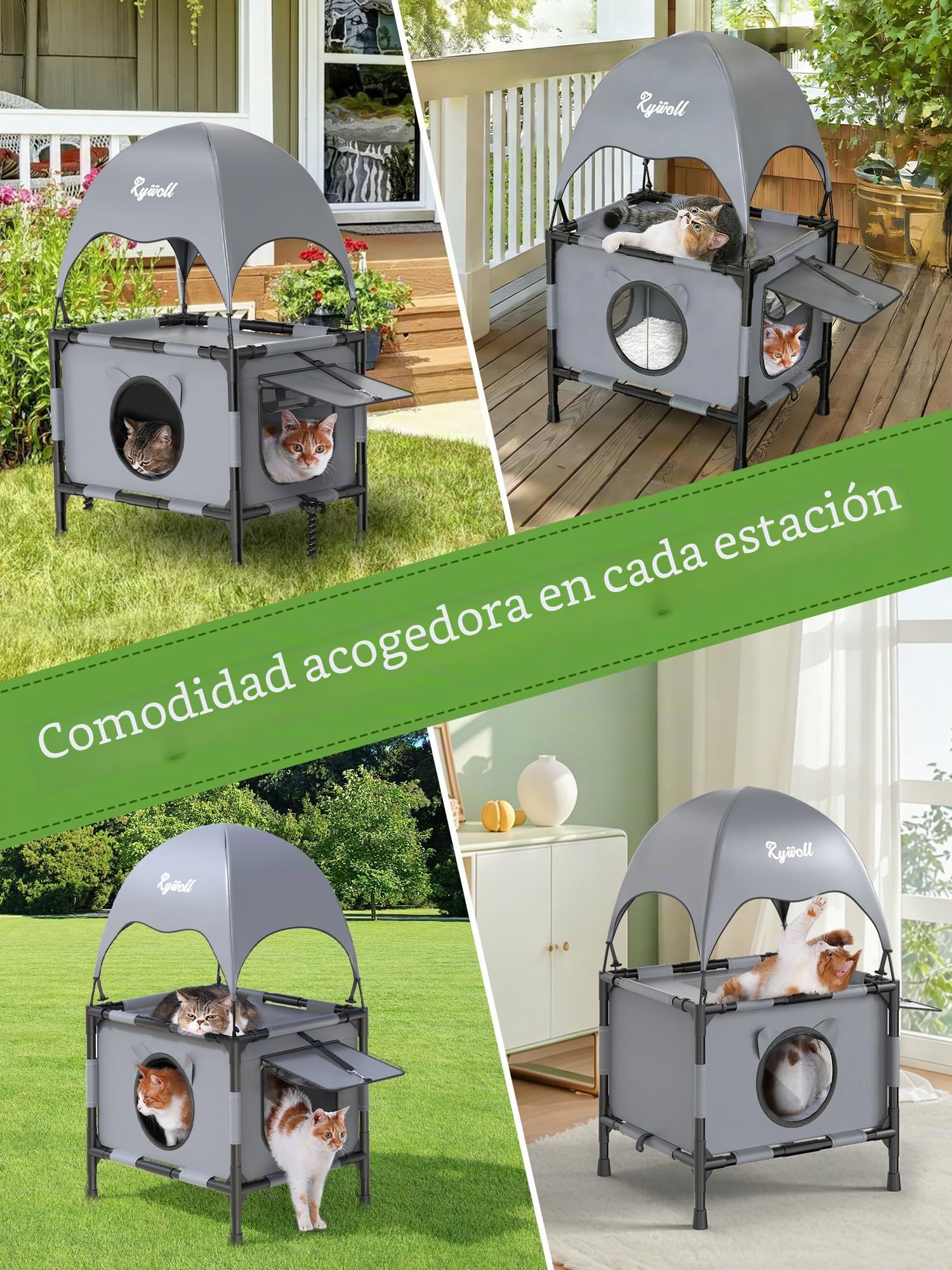 Rywell Casa para Gato de Exterior Elevada con Terraza,61x46x96cm Casa para Gato de Dos Niveles con Dosel, Dos Puertas y Una Alfombra, Adecuada para Hogares con Varios Gatos (Gris)