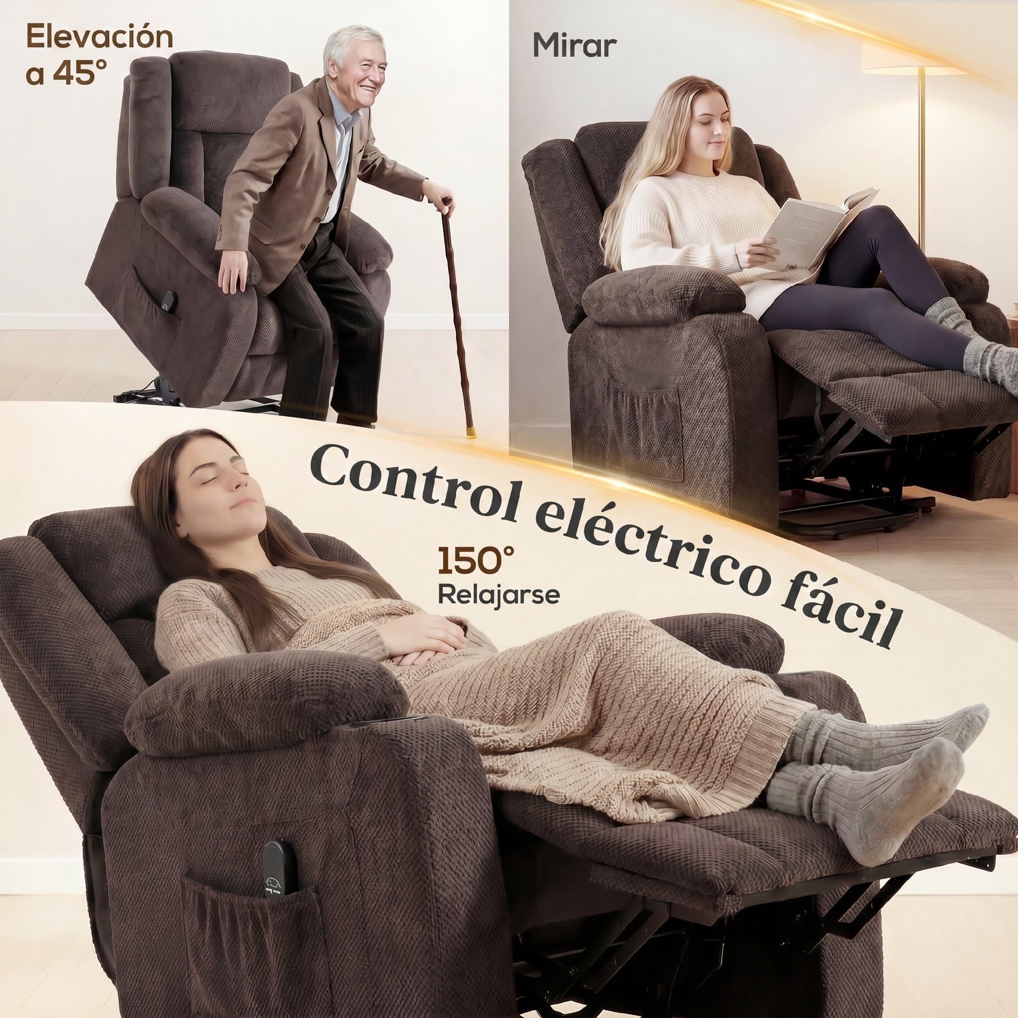 HOMCOM Sillón Relax Reclinable Eléctrico Levanta Personas, con Puerto USB, Sillón Elevador, con Control Remoto, Asiento Ancho, Reposapiés, Tapizado en Terciopelo, Bolsillos Laterales, Marrón