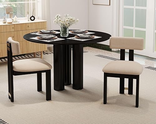 Miniatura 11 de HNY Juego de 4 sillas de comedor modernas de lino, tapizadas de tela beige, con marco de madera natural y respaldo curvado, sillas de madera sin