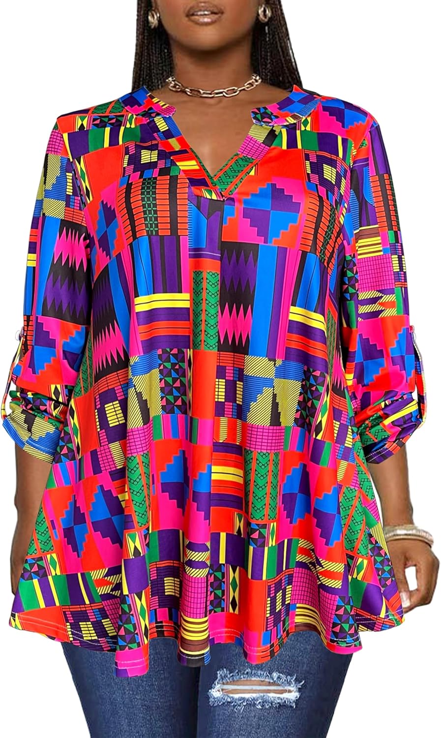 Afibi Women's Casual African V Neck Long Sleeve Tunic Tops