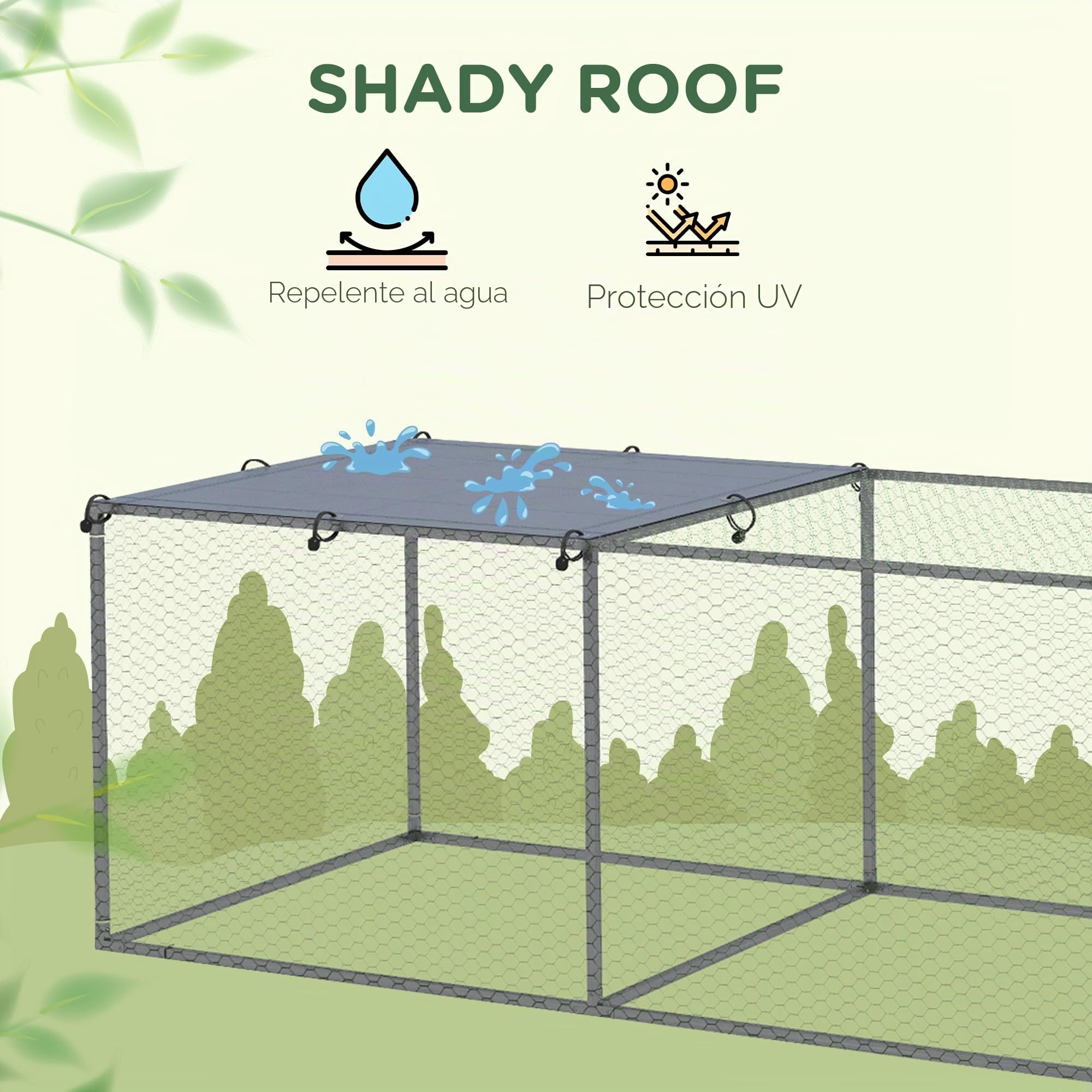PawHut Recinto gallinero Jaula de conejera exterior 3 m² para pequeños animales, Ponederos gallinas, Jaulas, dim. 3 x 1 x 0,8 m Acero galvanizado, 1 Puerta superior, Espacio cubierto lona
