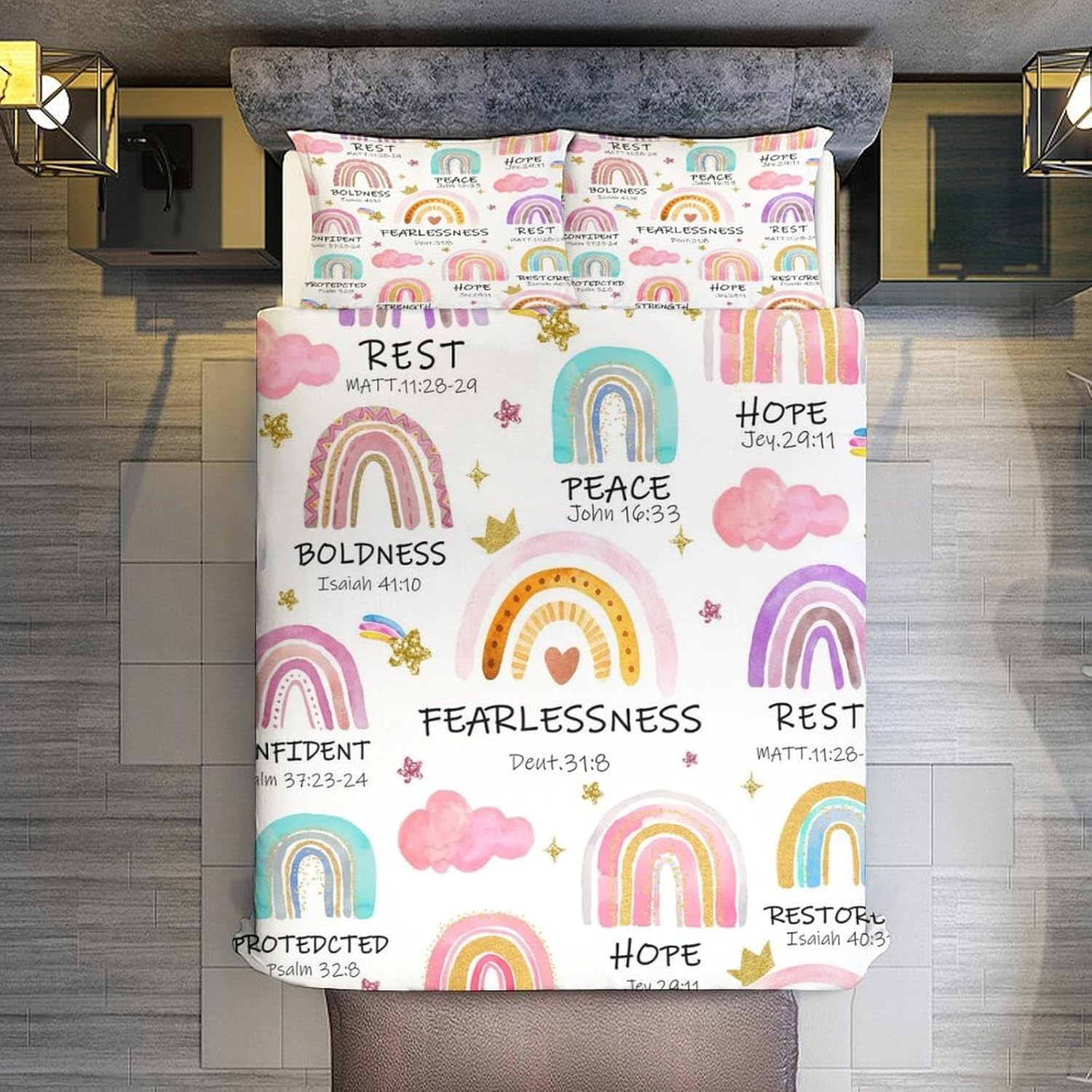 Racing Comforter Set Bible Verse Scripture Boho Inspirational Quote Christian Cute Cartoon Colorful Printed Bedding Set with 1 Comforter and 2 Pillowcases for Girls Bedroom 79x90in (Without Liner)