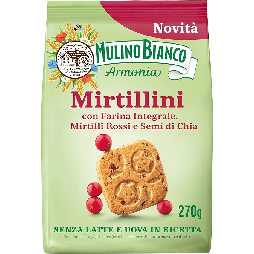 Immagine del prodotto Mulino Bianco Mirtillini, Biscotti Frollini Senza Latte e Uova con Farina Integrale, Mirtilli Rossi e Semi di Chia, Ricchi di Vitamina E, Confezione 270g