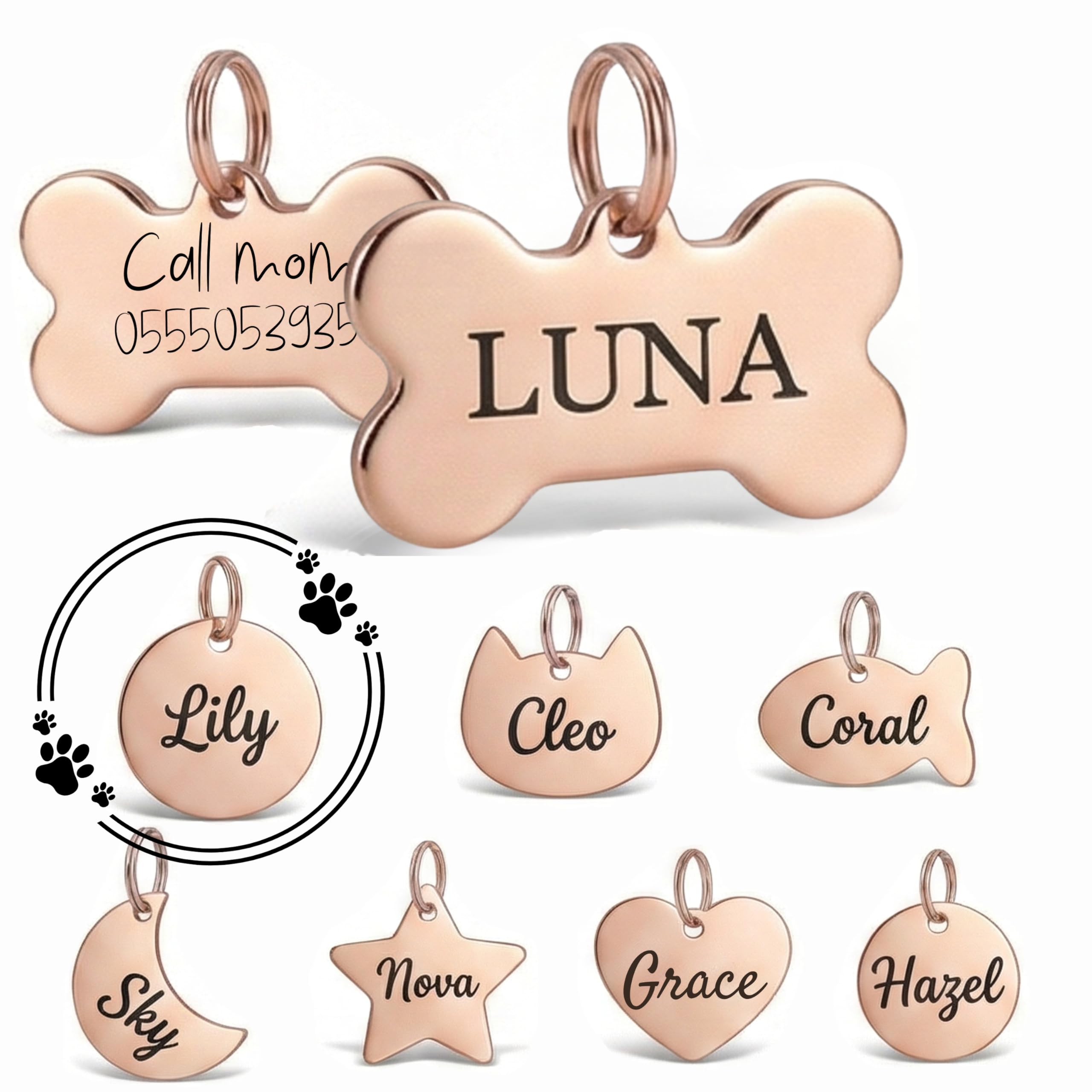 We Personalize, Engrave, Customize your dog or cat ID tag with their name and your info on both sides of a Tag. Spoil your pet and make sure they come home if lost. (Rose Gold, Round)