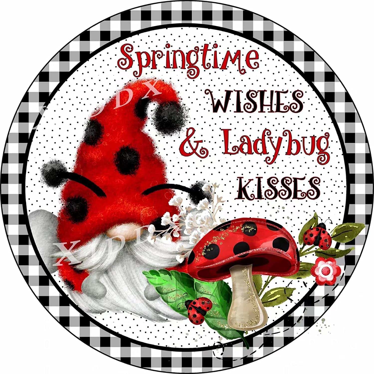 Spring Wishes Ladybug Kiss Gnome Summer Round Metal Wreath Sign Funny Summer Tin Sign Bar Coffee Home Kitchen Room Art Wall Plaque Gift Outdoor Indoor Craft Embellishment 12x12 Inch
