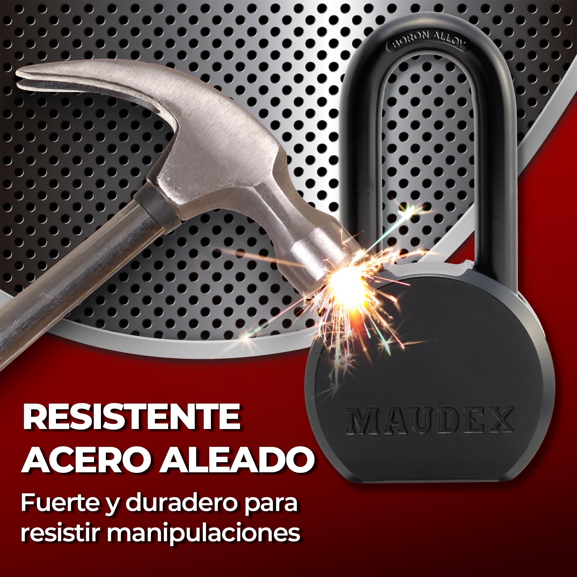 Maudex® PME65 Candado para uso intensivo: candado alta seguridad con arco de aleación de boro, diseño resistente a la intemperie y 5 llaves de latón. Para cobertizos, puertas