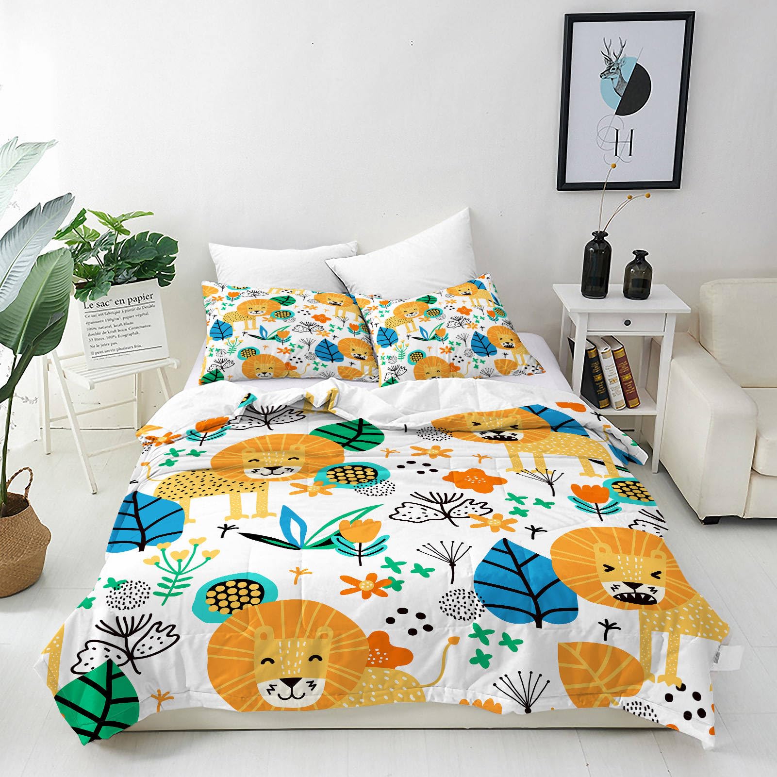 ANHOPE Lion Duvet Cover Set Soft Lightweight Microfibre 3 Piece Bedding Set with 2 Pillowcase Jungle Animal Lion Tropical Plant Print Pattern Kids Boys Girls Quilt Cover with Zipper Closure Single โ image 1