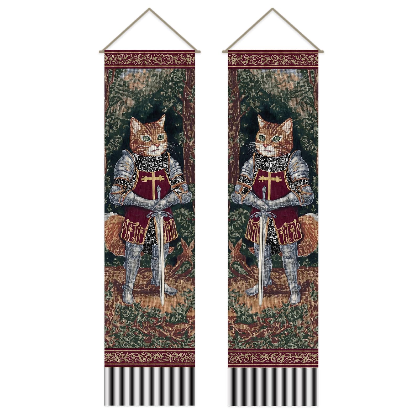 SUPERDANT Ritter Katze Schmale Wandteppich 2 teiliges Set Polyester Rechteck Wandbehang für Wohnung Wohnzimmer Schlafzimmer Eingangsbereich Flur Studentenzimmer Büro Vertikale Wandkunst Deko 130x33cm