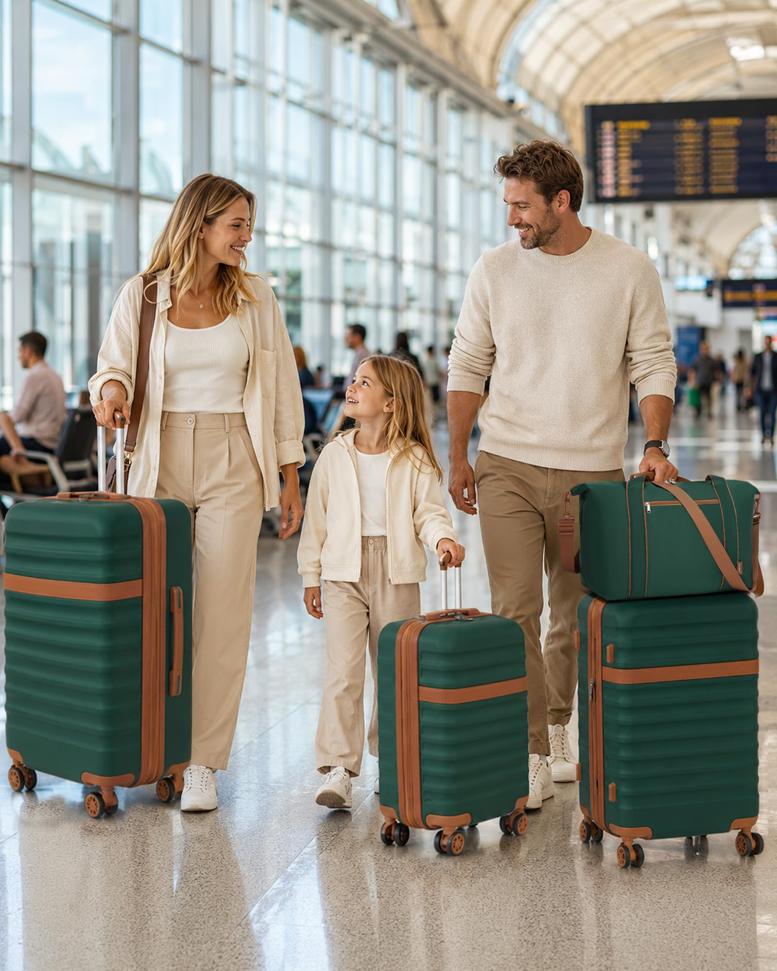KONO Set da Viaggio 3 Pezzi, Trolley 55 cm e 2 Borse, Verde/Marrone | Valigia Bagaglio a Mano in ABS+PC, Borsa da Viaggio da 32 L, Borsa Organizer, Ruote a 360° e TSA