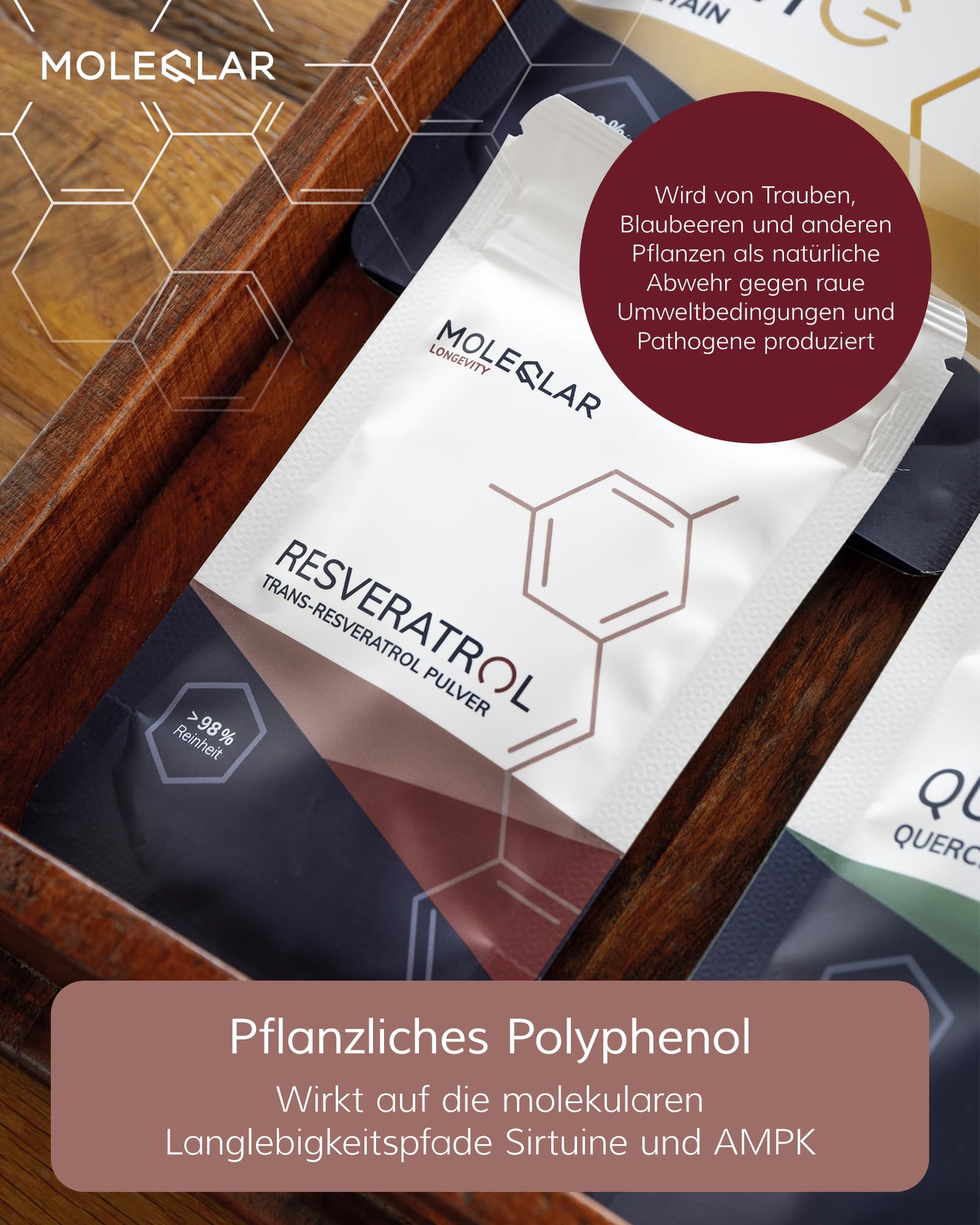 MoleQlar Resveratrolo in polvere – Integratore alimentare di fermentazione innovativa del lievito – Resveratrolo 500 mg per porzione – oltre il 98% di purezza (100 g)