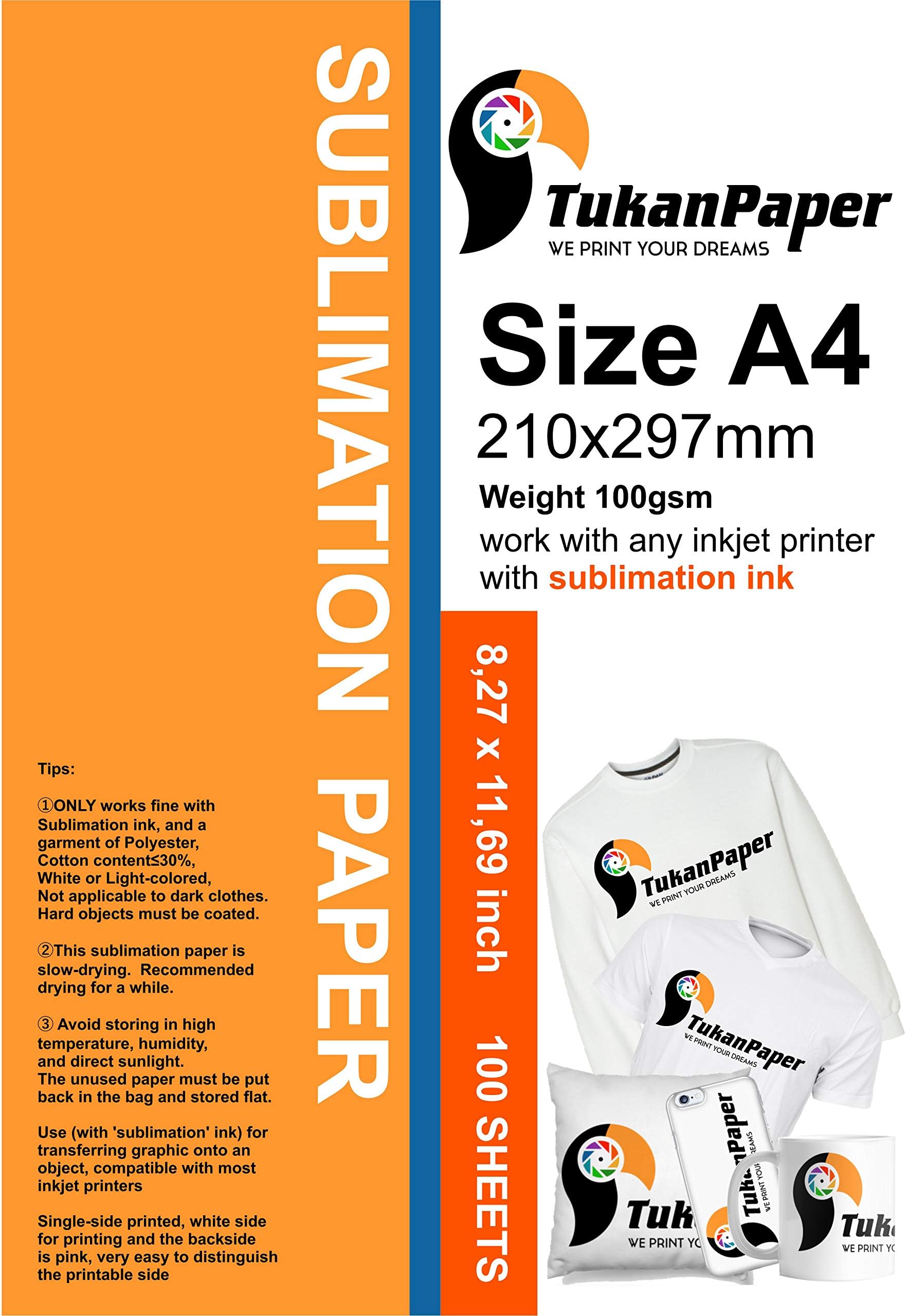 100 Sheets A4 (8.2" x 11.6") Sublimation Transfer Paper for Specialty Printing Tukan Paper dye coating works for any inkjet printer with sublimation ink