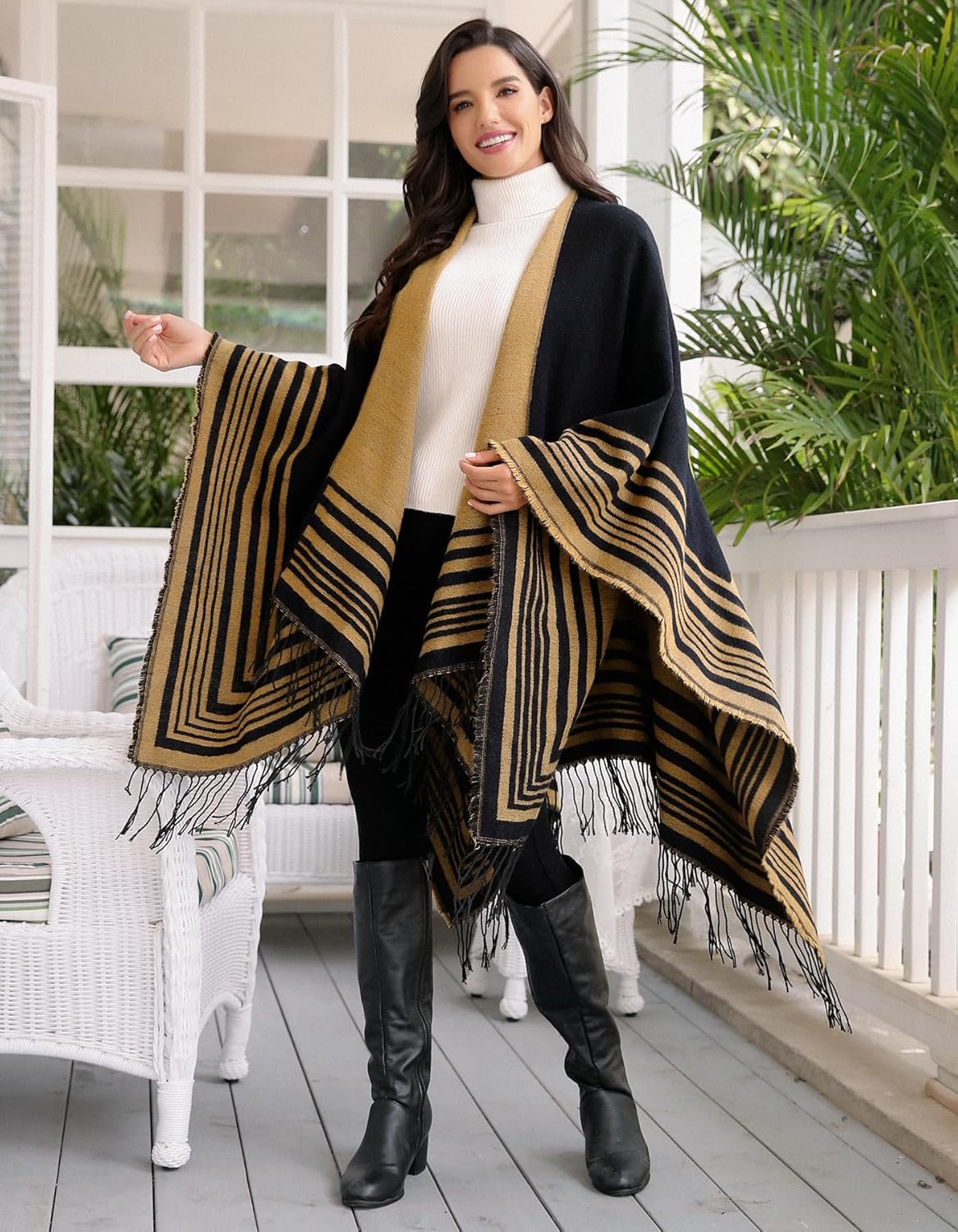 Mommy Jennie Women's Shawl Wraps Open Front Poncho Sweater Cape Cardigan with Tassel Winter Travel Scarf - Image 4