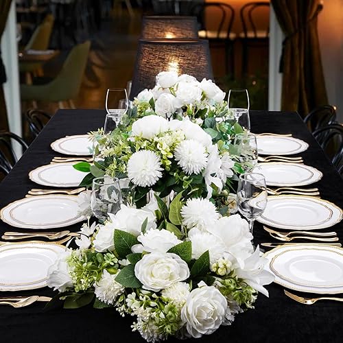 Miniatura 7 de Hioasis 60 platos de plástico dorados, vajilla desechable blanca y dorada con borde dorado, resistente, 10.25 pulgadas, platos llanos para fiestas