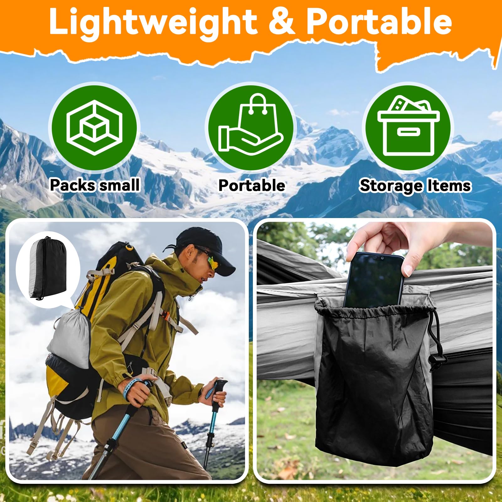Hamaca de Camping Ultraligera 300 kg – 270 x 140 cm, Nailon Paracaídas Transpirable, con Correas para Árboles, Mosquetones y Bolsa,Hamaca Secado Rápido para Jardín, Playa y Senderismo — view 5