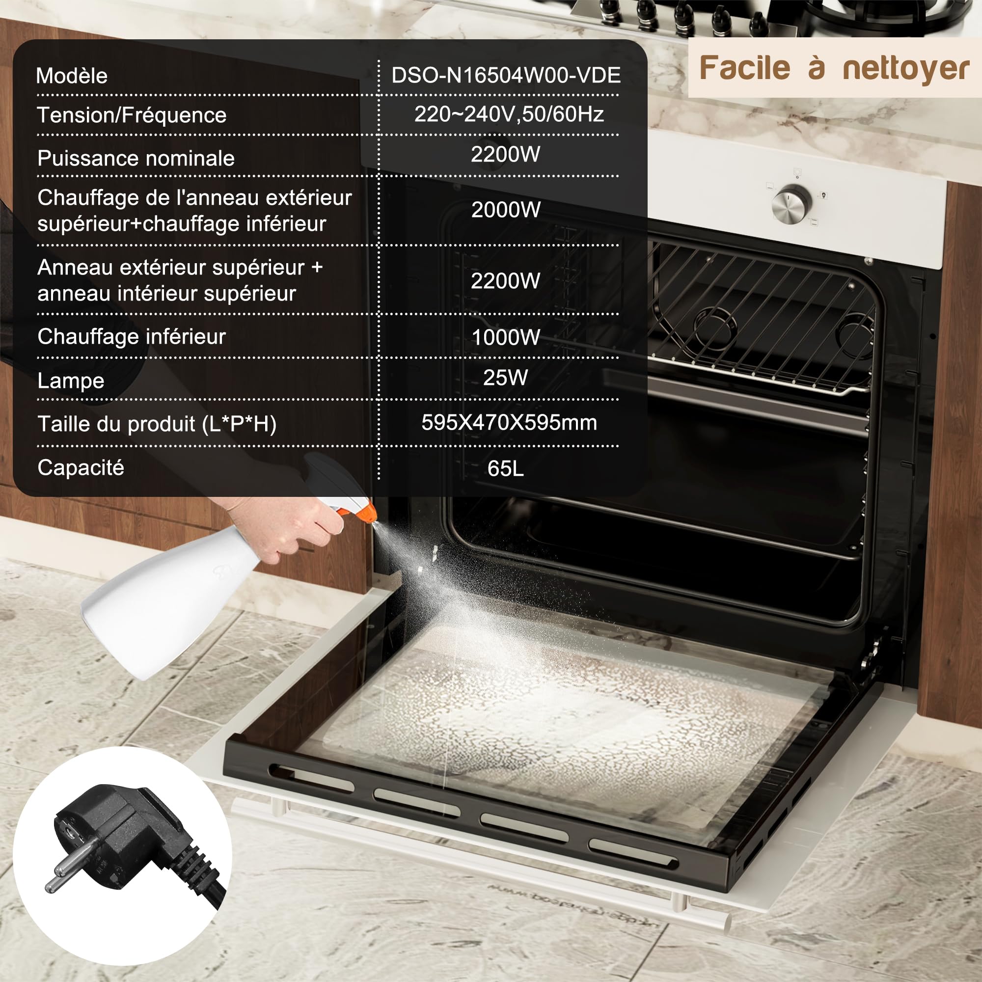 Four encastrable 60 cm Disaenvir, four encastrable blanc 4 fonctions, four avec fonction vapeur 65 L, fonction pizza 2,2 kW, grill, cuisson à chaleur tournante 3D sur 6 niveaux