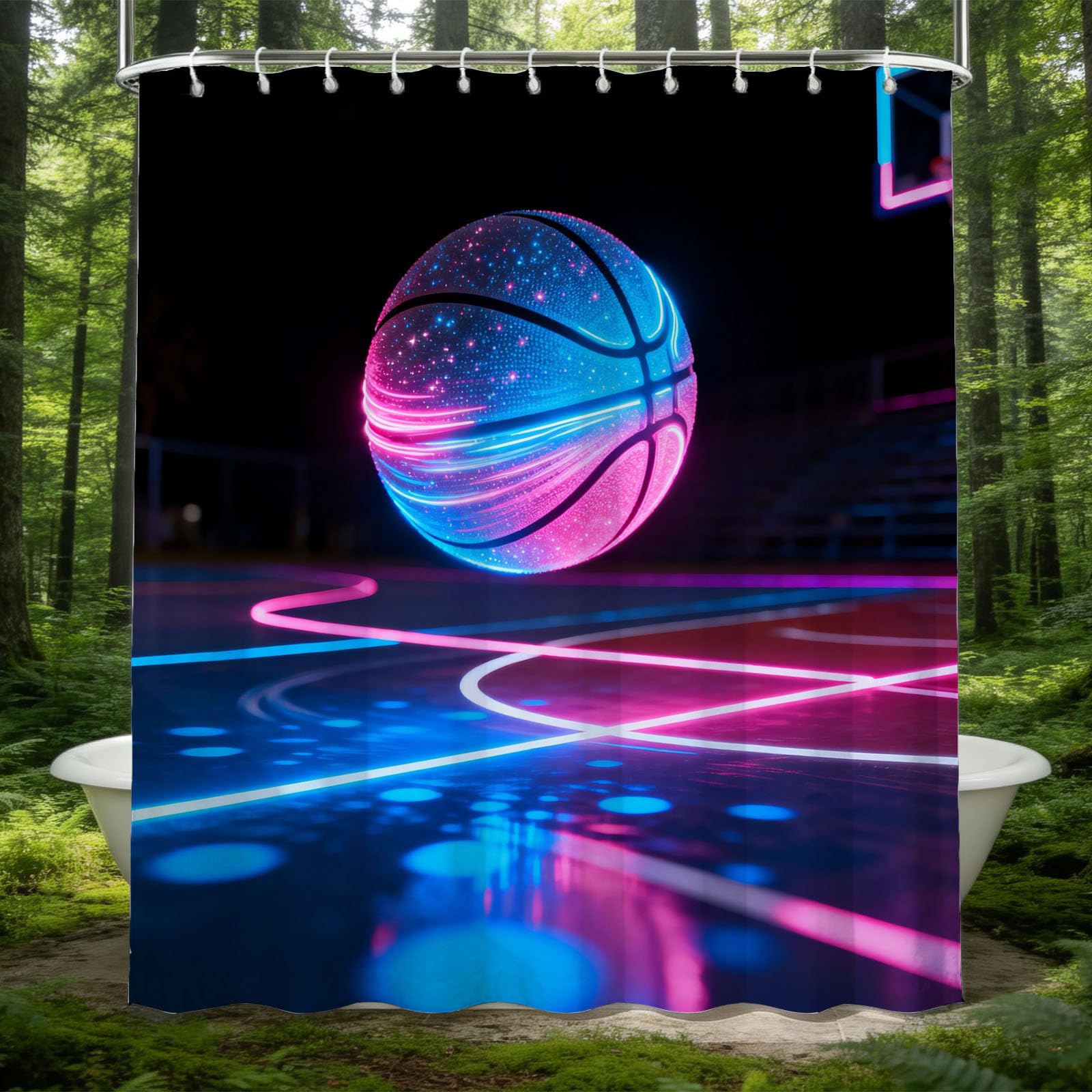 Hongduo 3D Glowing Basketball Shower Curtain for Stalls Bathtubs Basketball Court Bathroom Decor Shower Curtain Set Polyester Fabric Waterproof 180x200cm/71X79 Inch with Hooks