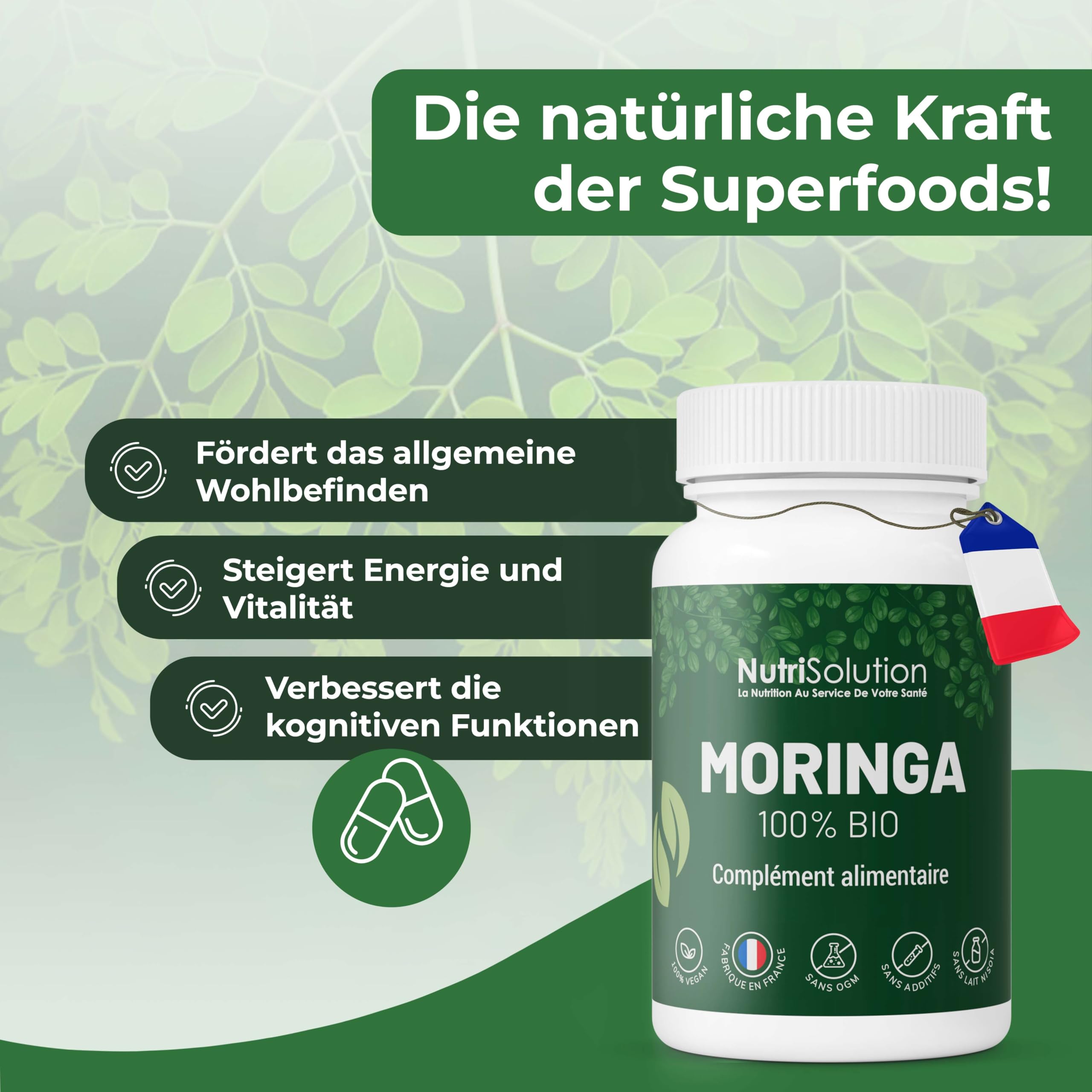 NutriSolution Moringa Kapseln 100% Bio - Superfood voller Multivitamine und Mineralien - Pulver aus Moringa Oleifera Blättern - 90 vegetarische Kapseln (1)