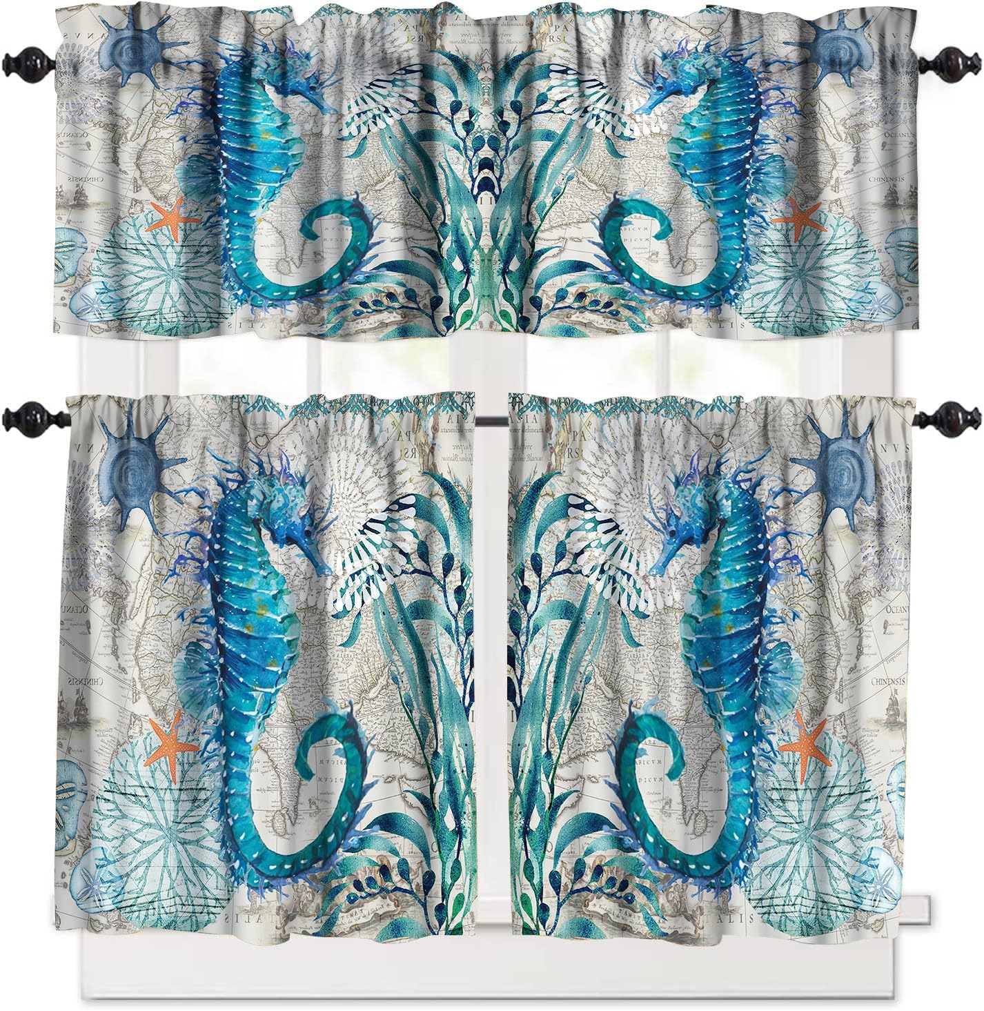 Sea Seahorse Kitchen Curtains and Valances Set Hawaiian Ocean Animal Teal Decoration Kitchen Window Curtains Tier and Valance Curtain Set for Bedroom Living Room 54x18 & 27x24x2, 3 Panel