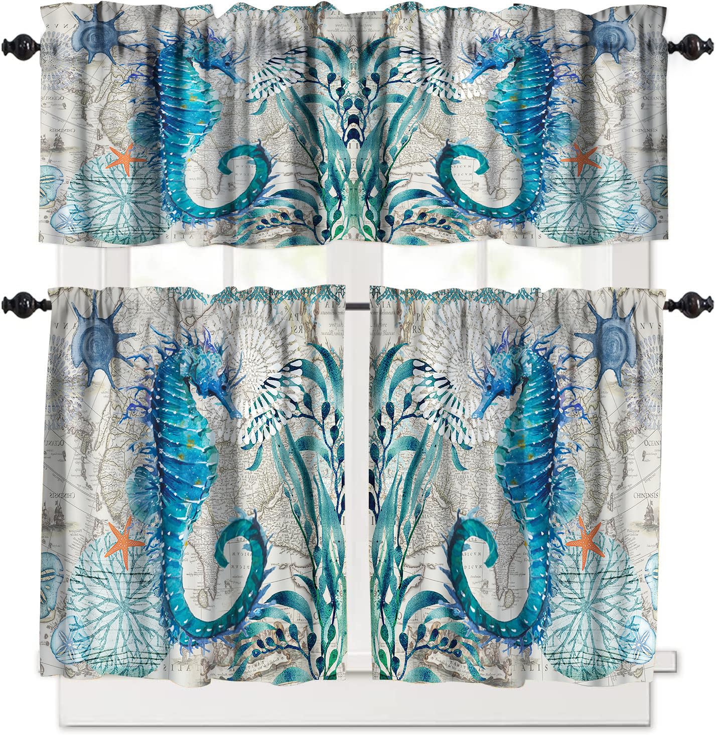 Sea Seahorse Kitchen Curtains and Valances Set Hawaiian Ocean Animal Teal Decoration Kitchen Window Curtains Tier and Valance Curtain Set for Bedroom Living Room 54x18 & 27x24x2, 3 Panel