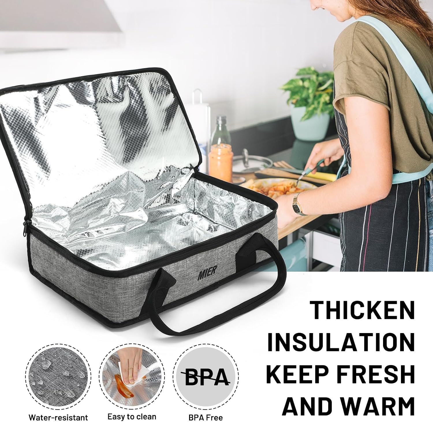 MIER Thermal Insulated Casserole Carrier for Hot or Cold Foods, Gray