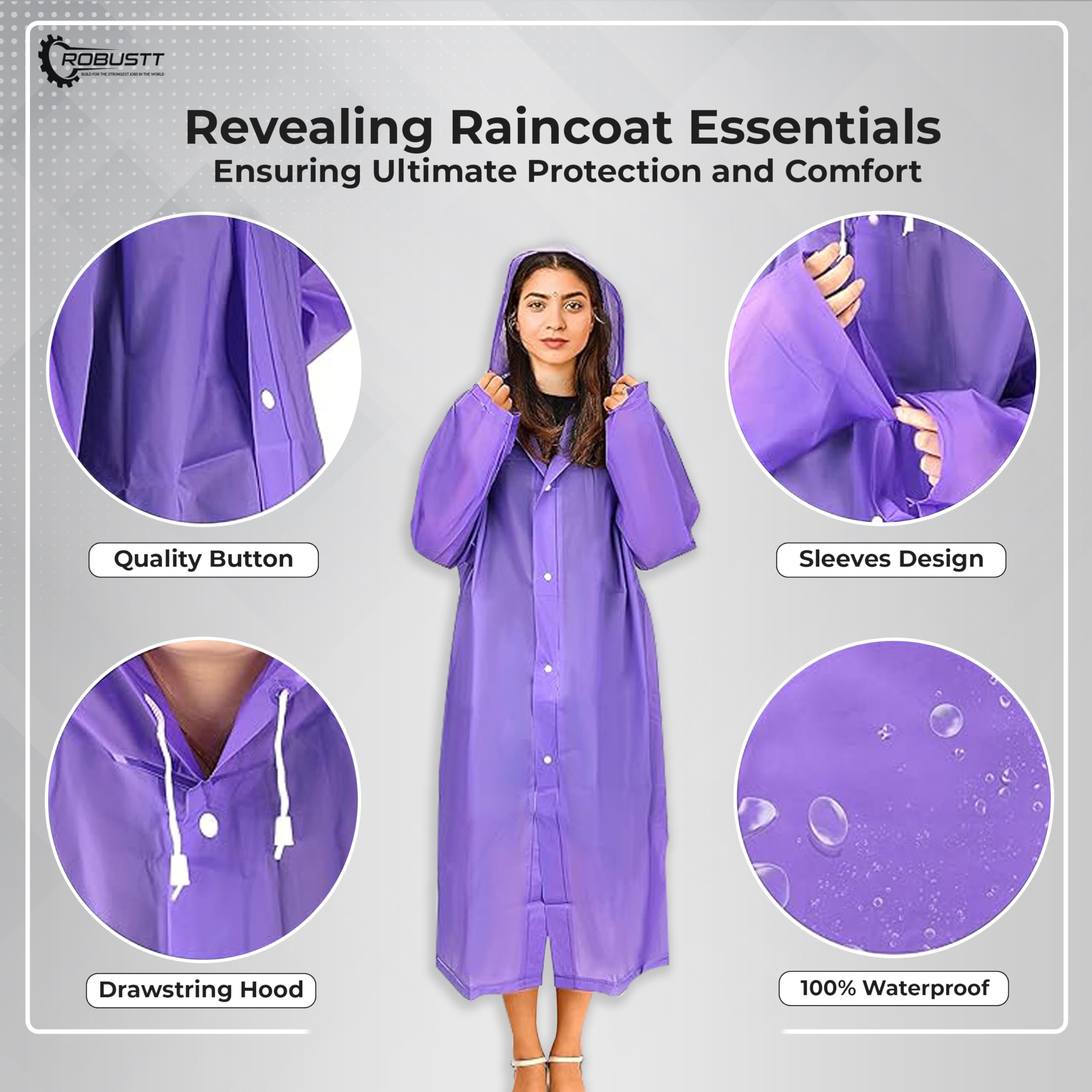 Robustt Unisex Raincoat With Hood - Purple (Pack of 2) | Waterproof Rain Poncho | EVA Material | Reusable | Lightweight | Fashionable | Universal Size | Raincoat for Men and Women 2