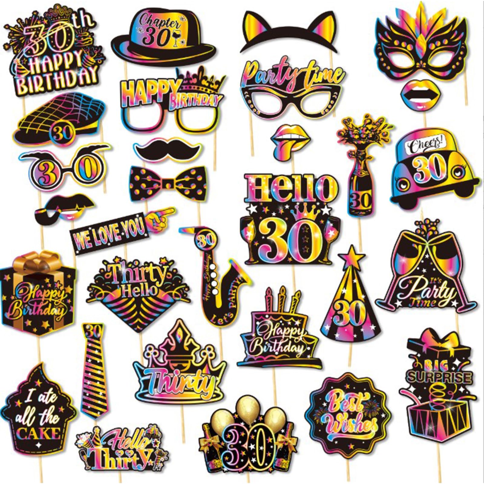 Hsc Men's Black And Black 30Th Birthday Decorations Wo, 30Pcs Photo Booth Props Birthday, Black Gold Funny Photo Props Set For Cheers To 30 Years Old Party Supplies