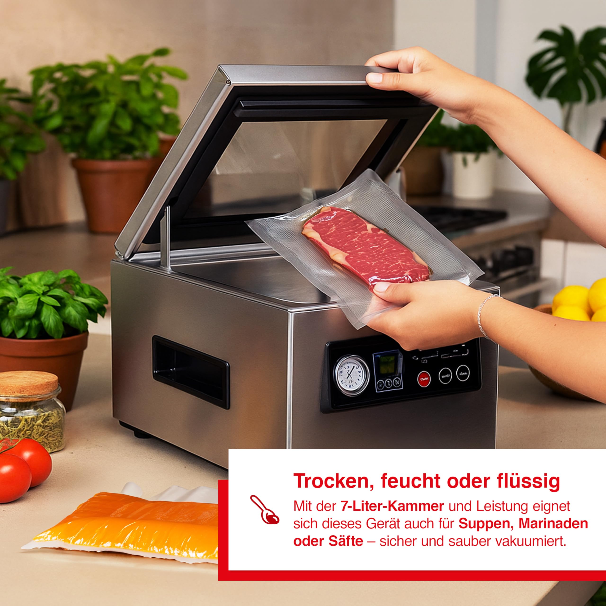 Solis Chamber Vac Pro 5702 Kammervakuumierer - Vakuumiergerät - Für Trockene und Feuchte Lebensmittel sowie Flüssigkeiten - Marinierfunktion - Inklusive 30 Vakuumbeutel - 7L Fassungsvermögen | 7L Kammer, 4 Pumpen, 350W, Flüssigkeiten vakuumieren, Marinier