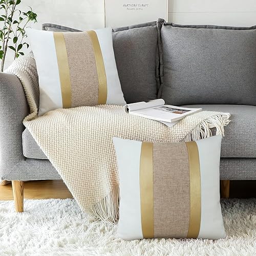 Miniatura 3 de Juego de 2 fundas de almohada de piel sintética y algodón de 18 x 18 pulgadas, fundas de almohada decorativas blancas y camello con retazos de rayas