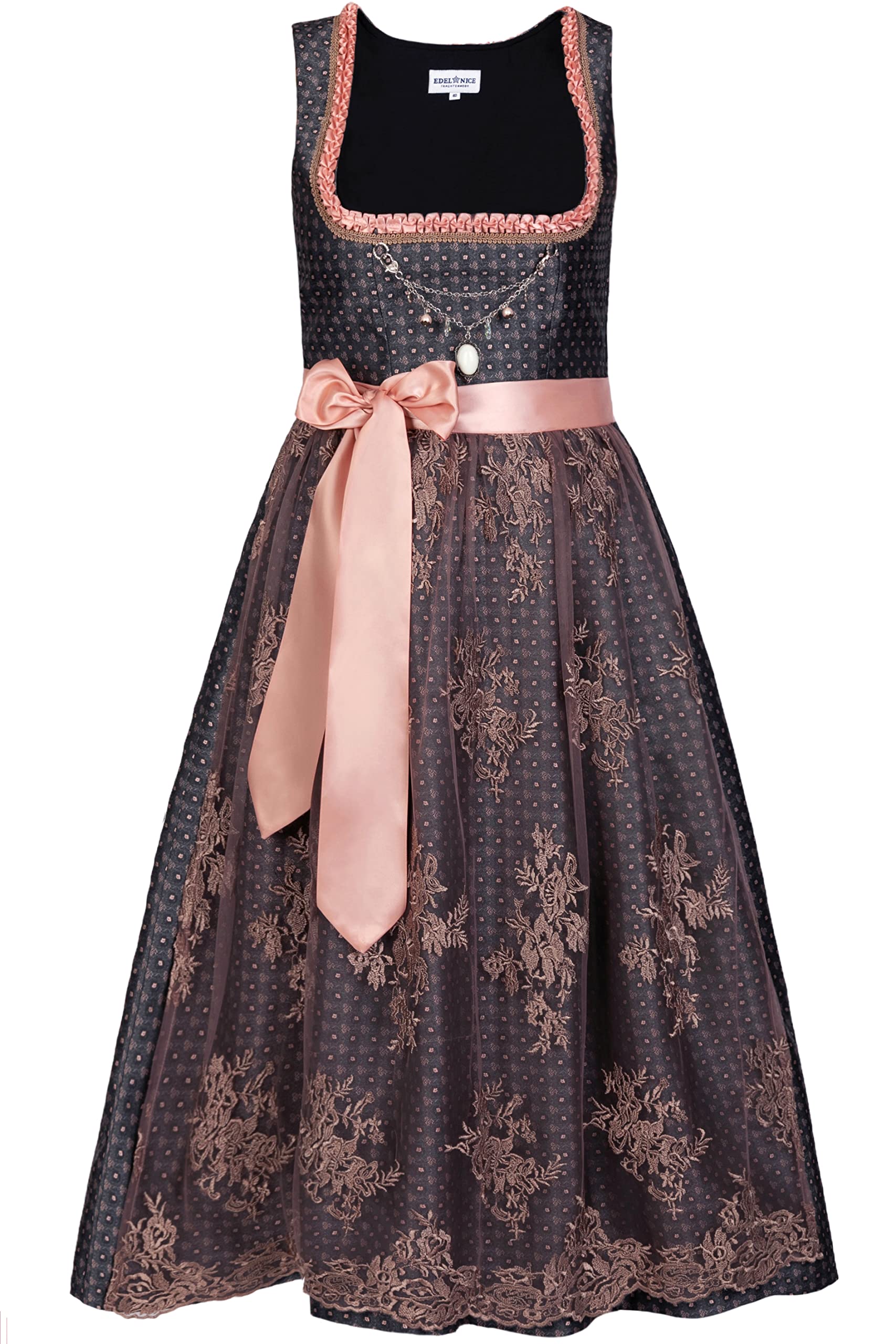 Edelnice TrachtenmodeBeatrice Exclusive Designer Long Dirndl with Lace Dirndl Apron and Charivari Size 32-56