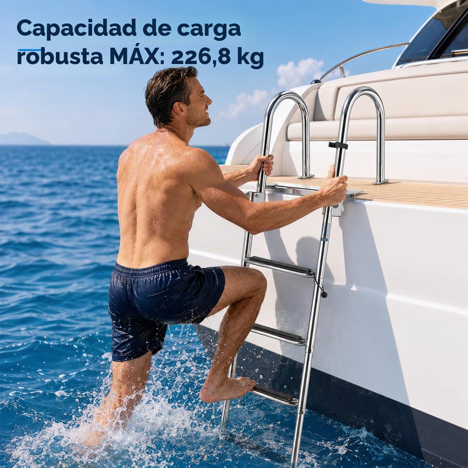 Escalera para Piscina Extensible de Altura de 4 Peldaños 151cm en Acero Inoxidable, Capacidad 200 kg, Escalera de Barco Plegable y Telescópica con Pasamanos, para Piscina, Yate, Pontón, 151 * 37.5 cm