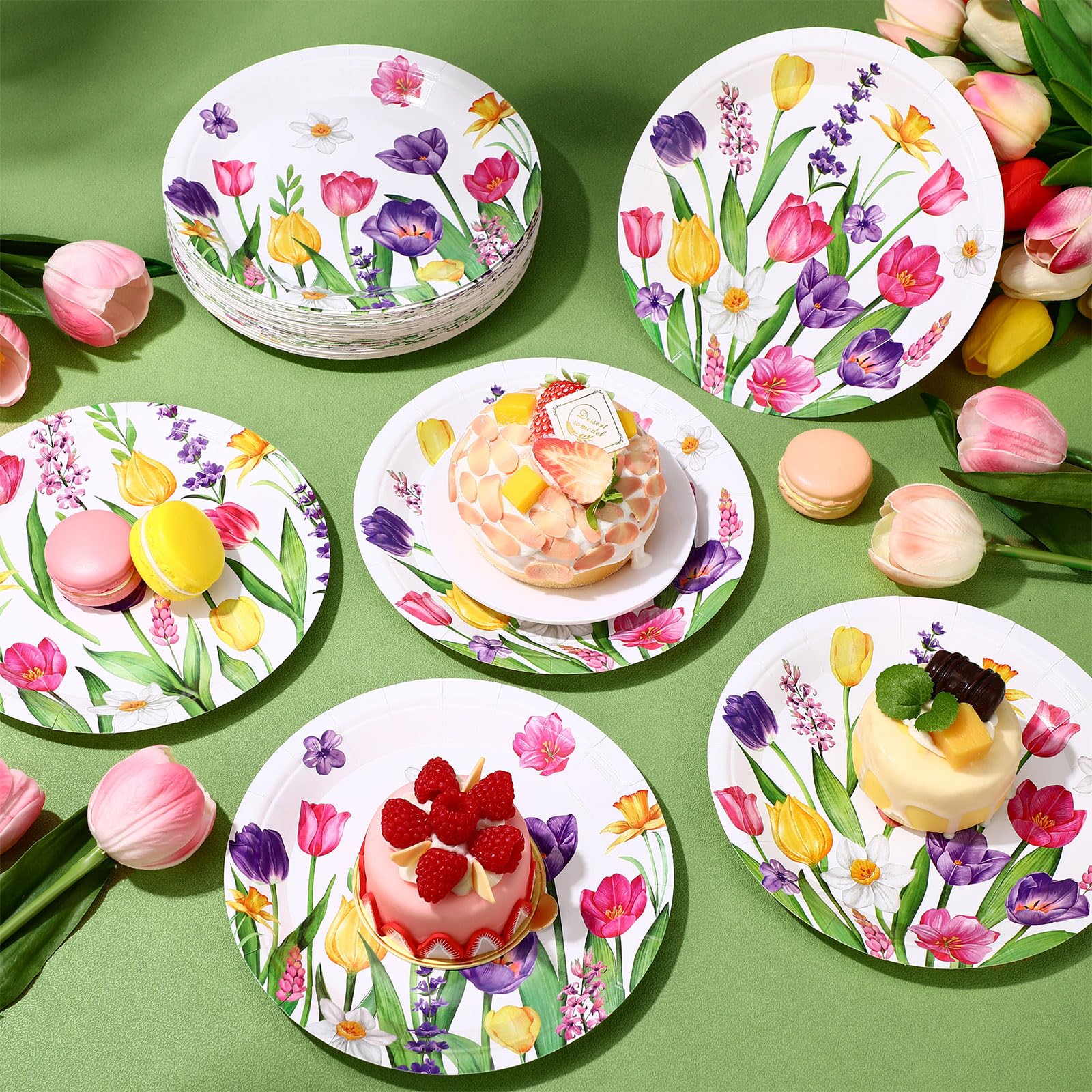 Zopeal 60 piatti di carta floreali a tulipano, 22,9 cm, decorazioni per baby shower, matrimoni, piatti da cena floreali usa e getta, per compleanni, tè, feste, doccia