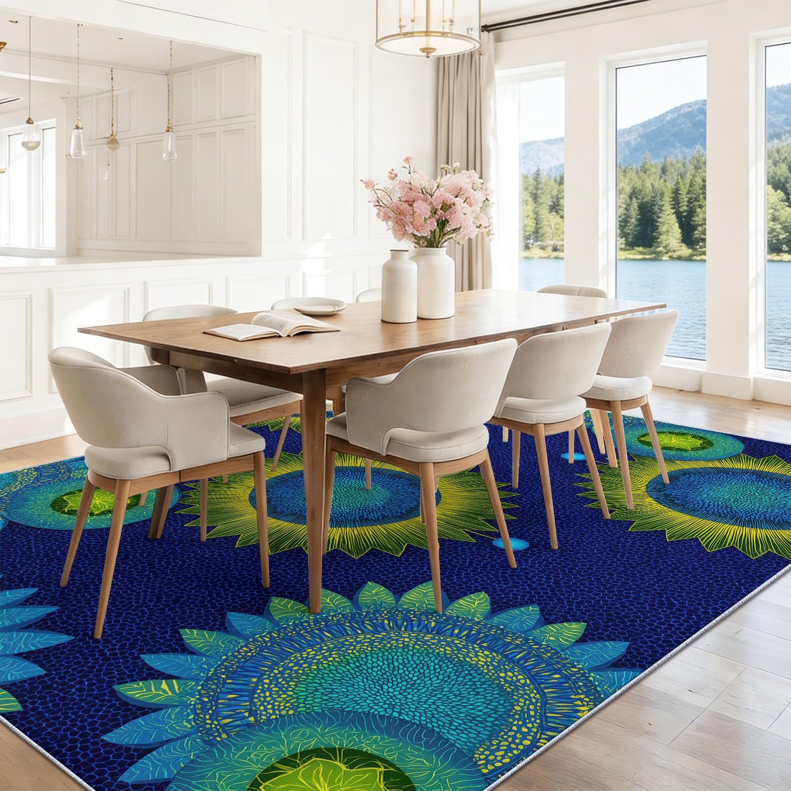 Böhmen Zusammenfassung Teppich 120 x 170 cm Teppich Wohnzimmer Blaues Sonnenblumenmuster Kurzflor Waschbarer Teppiche Schlafzimmer Wohnzimmerteppich rutschfest Teppiche für Kinderzimmer Esszimmer