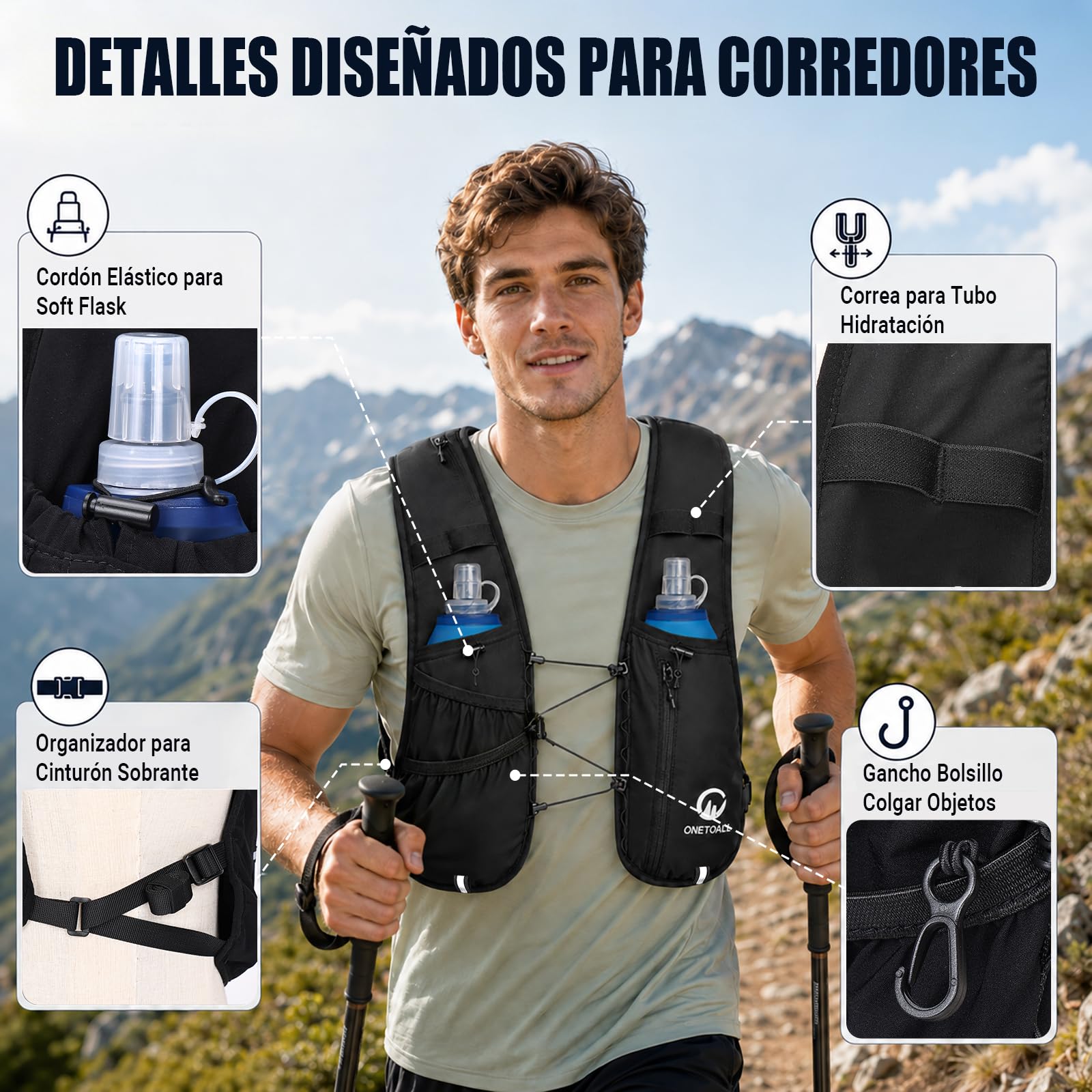 Chaleco Running Hombre Mujer con 2× Soft Flask 500ml y Luz LED Recargable, Chaleco Hidratacion Trail Running, Running Vest Ultraligero, Mochila Hidratacion para Correr Senderismo Montaña Bici