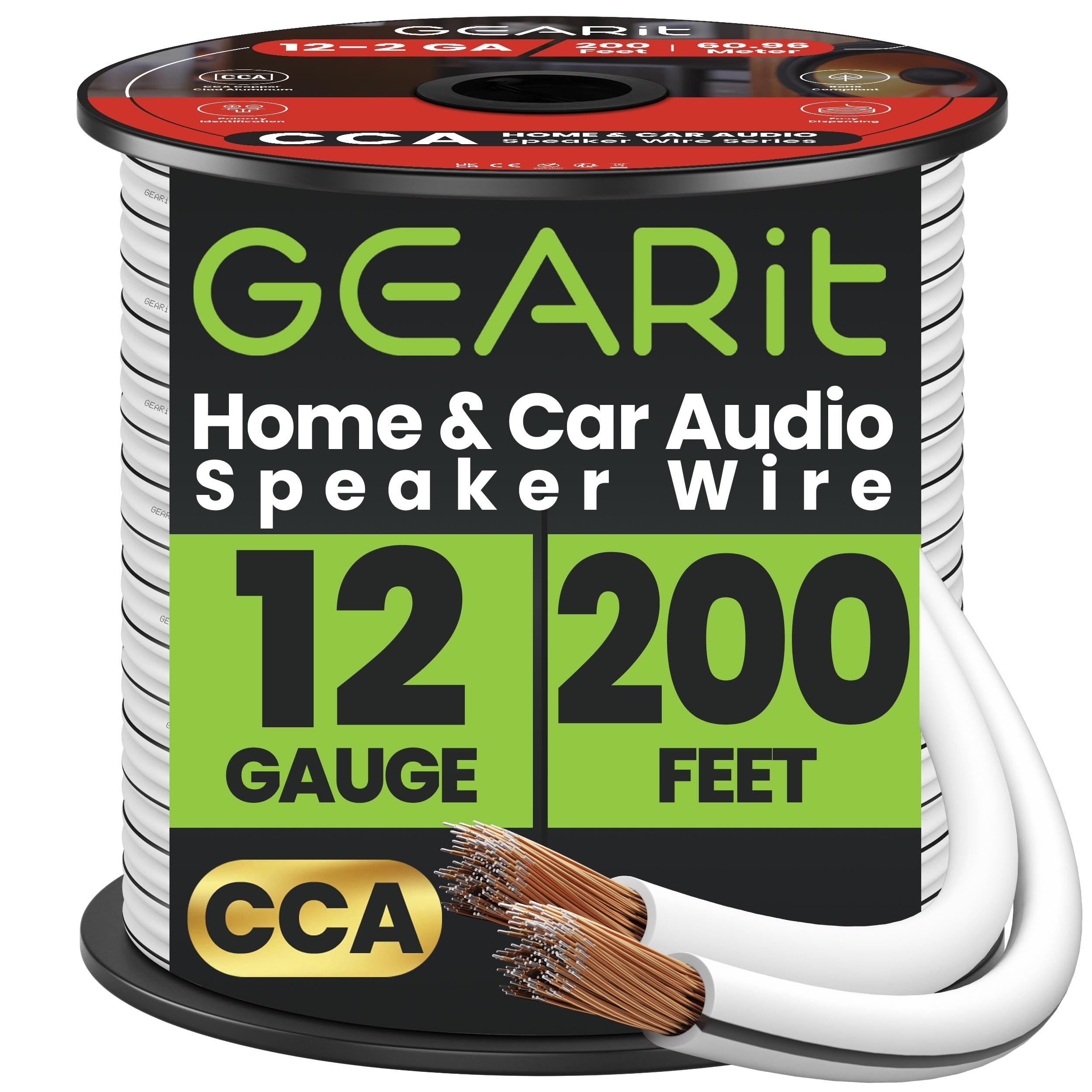GEARit 12 Gauge Speaker Wire, Speaker Cable 200ft for Car Audio, Home Theater, CCA(White)
