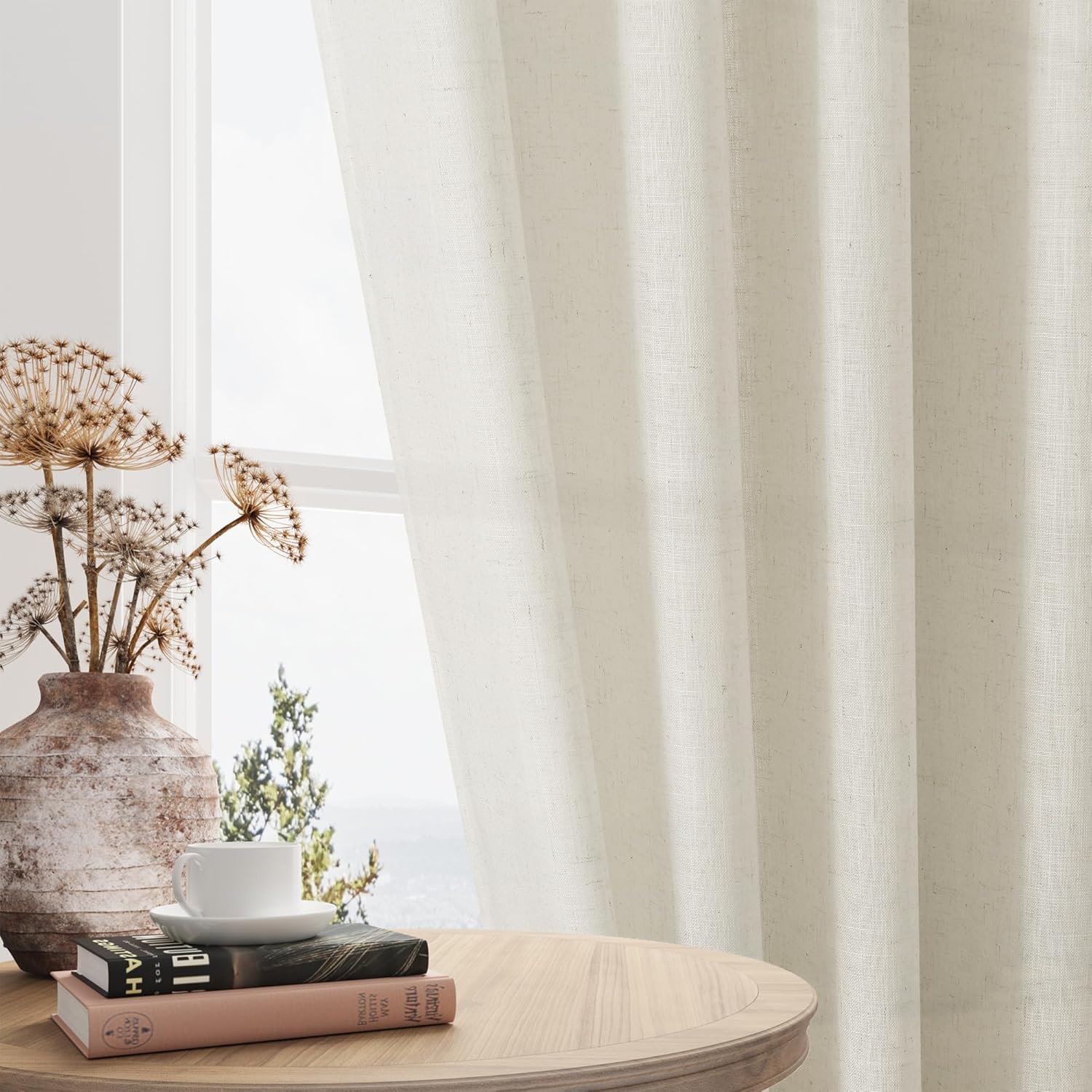 Sand Beige Linen Curtains 144 inch for High Living Room Extra Long Grommet Large Drapes Semi Sheer Light Filtering 2 Story Window Curtain for Dining Hall Loft 12 FT (52x144,1 Panel)