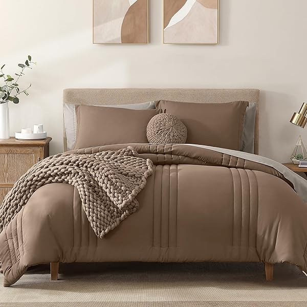 Monbix King Size Comforter Set - 7 Pieces Bed in a Bag King, Raw Umber Bedding Sets with Comforter, All Seasons Down Alternative Comforter Bed Set with Sheets, Pillowcases & Shams