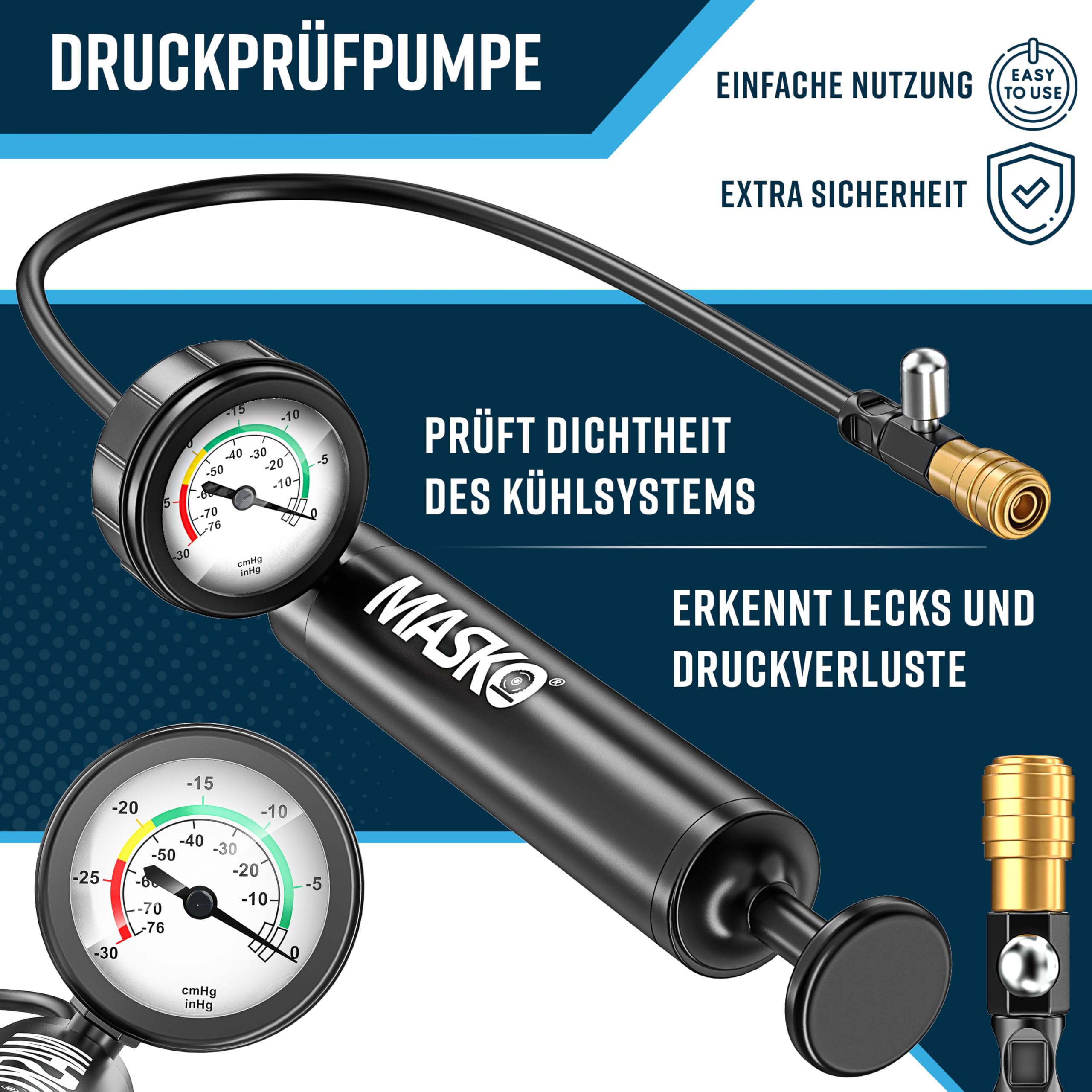 MASKO® Kühlsystem Tester & Abdrückgerät | Kühlerdruckprüfer Kühler Entlüftungsgerät 28-teilig inkl. universeller Kühleradapter, Vakuumpumpe & Zubehör | Kühlsystem-Nachfüll-Set für Auto, Van, SUV, LKW