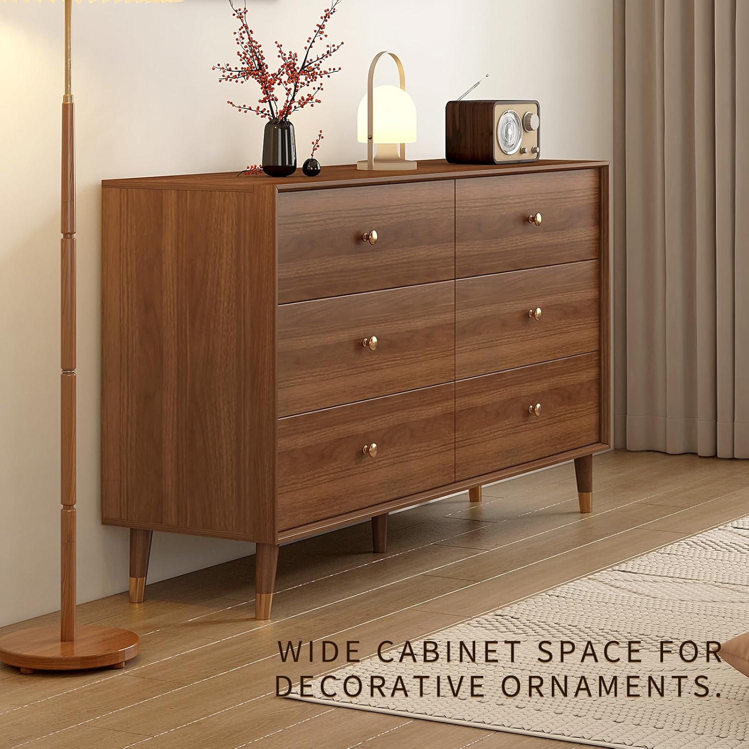 Dresser for Bedroom, Mid Century Modern 6-Drawer Solid Wood Chest, 47 Inch Walnut Finish, Heavy-Duty Drawer Glides, Storage Cabinet for Living Room, TV Stand (Brown, 47.2) Brown 15.8"D x 47.2"W x 31.5"H (6 Drawers)