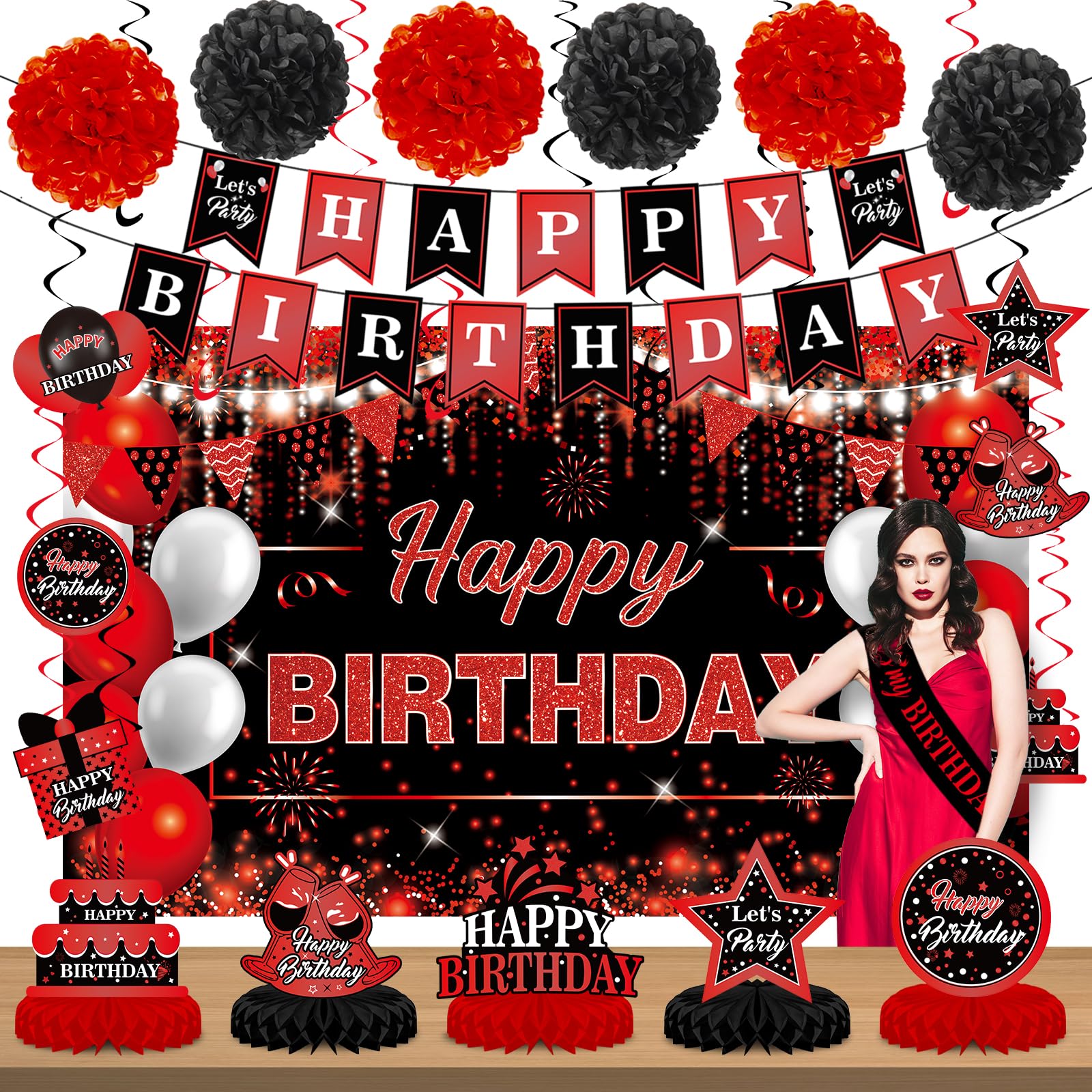 34PCS Red Black Birthday Decorations for Women Men Red Black Happy Birthday Banner It's My Birthday Sash, Birthday Pompoms Hanging Swirls and Honeycomb Centerpieces for Birthday Party Supplies
