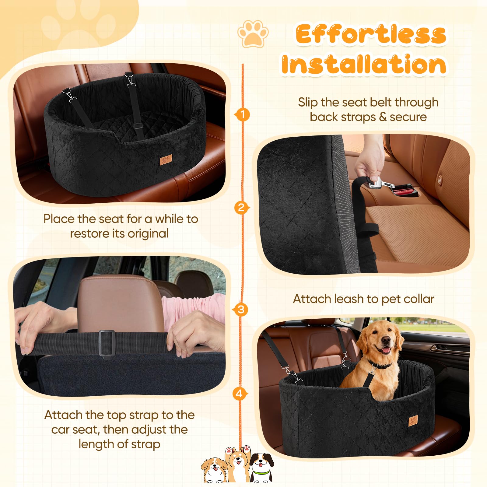 Asiento de Coche para Perros Medianos/Grandes, con Asiento Extraíble, Cuerda de Seguridad & Base Antideslizante y Funda Extraíble, Asiento de Coche para Perros (Redondos 78x52x36CM)
