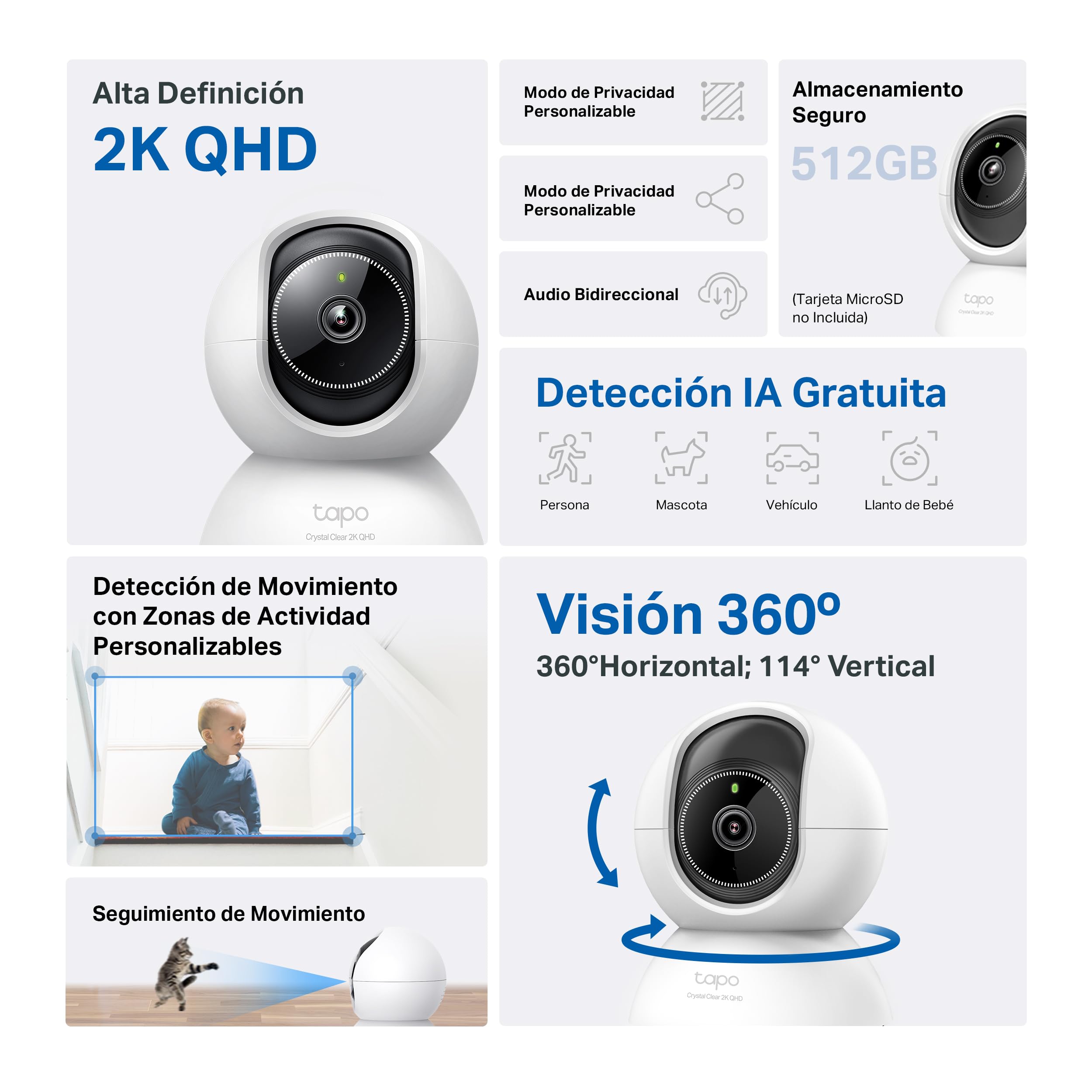 Tapo 2.5K(4MP) Caméra de Surveillance WiFi intérieure 360°, Détection Humaine AI Suivi Intelligent, Sirène et détection de Mouvement, Audio bidirectionnel, Compatible Alexa pour Bébé/Animaux C220