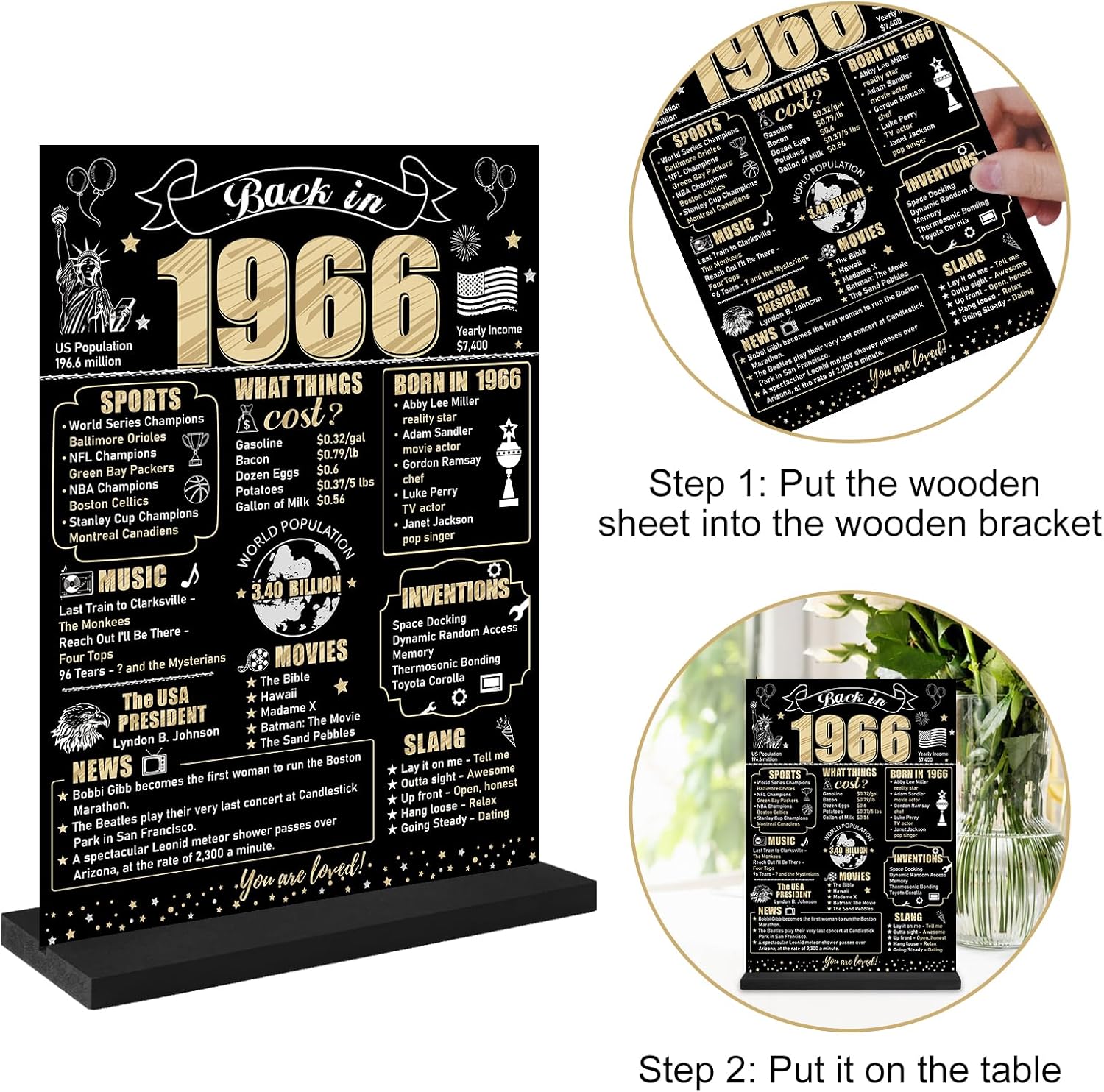 Black Gold 60th Birthday Decorations Back in 1966 Table Sign for Men Women, Two-sided Vintage 60 Birthday Wooden Poster with Stand Party Supplies, 60 Year Old Bday Display Holder Decor - Image 6