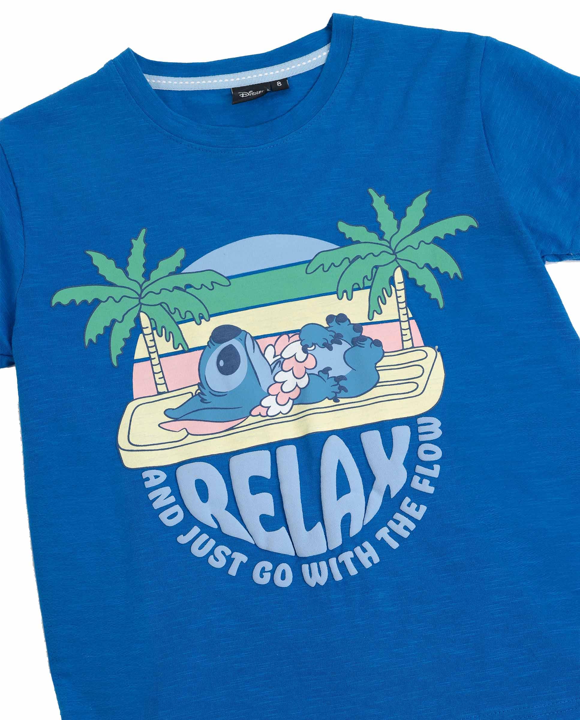 Disney Pijama niño Verano 100% algodón - Pijama Manga Corta Stitch Waves para niño – pantalón Corto con Cinturilla elástica Estampado – Tejido Suave al Tacto, Azul - Talla 8 años