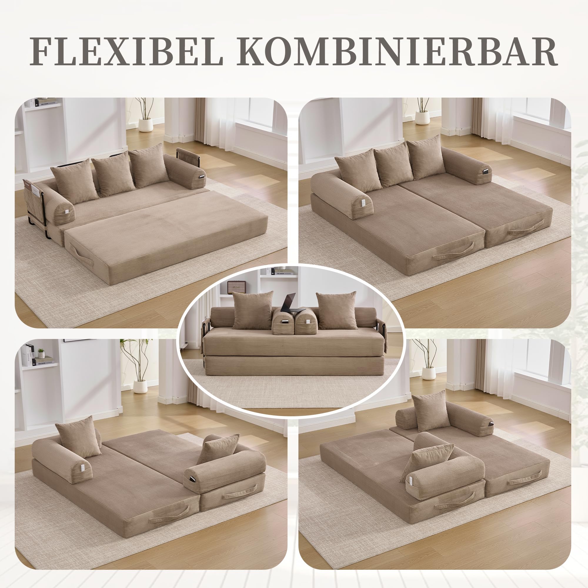Sofá modular, sofá sin huesos, sofá cama, sofá con función de dormir, plegable, con estructura de metal robusta, bolsillos laterales + 3 cojines, 200×94×67cm (Jaque)