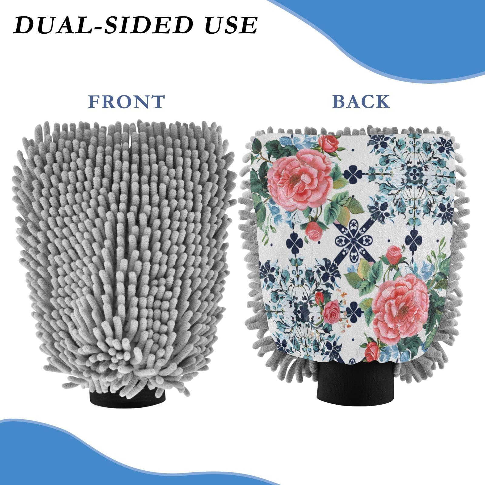 ALAZA Retro Rose Flower Floral Car Wash Mitt Scratch Free, 2 Pack Absorbent Microfiber/Chenille Washing & Drying Mitts, M