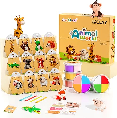 Kit de arcilla seca al aire tema de animales, arcilla para modelar para niños, arcilla mágica modelo de bricolaje con herramientas de escultura y